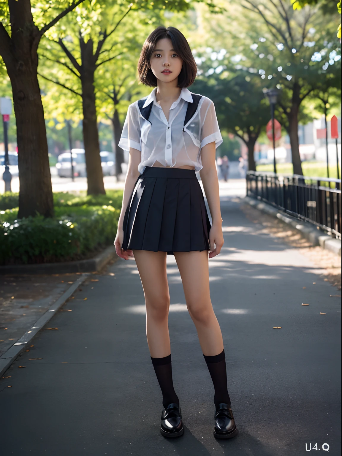 18 Year Old Woman, Long hair, Raw photo, Bokeh (Realism: 1.4, Realistic), high-definition CG unified 8K wallpapers, 1girl in, ((Slim body: 1)), (Small breasts: 1), Back to viewers, ((Direct view from the front)), (HQ Skin: 1.4), 8K UHD, Digital SLR, Soft light, High quality, Film grain, FujifilmXT3, ((School uniform, Short skirt,See-through open skirt:1.5)), ((plein air, on the park))) jangjoo, Portrait,((Layered short haircuts, Black Hire,tiny chest:1.2)),(Looking at Viewer:1.4),(Full body:1.8)