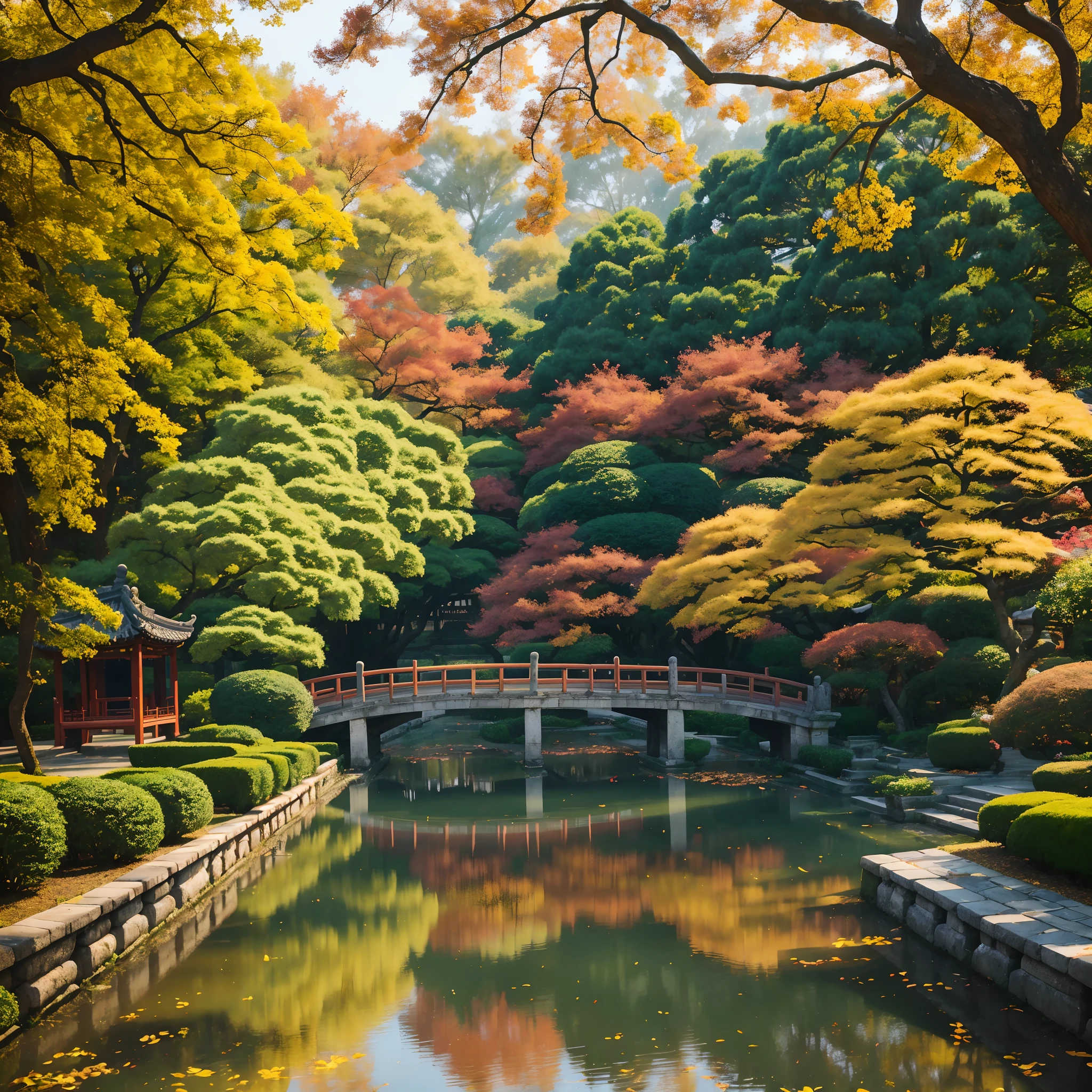a beautiful autumn scene in a Suzhou garden, with vibrant fall colors and serene atmosphere,filled with colorful leaves swirling around,beautifully arched bridges across calm water,traditional Chinese architecture with intricate details,ornamental pavilions surrounded by blooming chrysanthemums,reflections of the garden in the tranquil ponds,graceful willow trees gently swaying in the breeze,dappled sunlight casting a warm glow on the scene,visitors wearing traditional Chinese clothing wandering through the garden,enjoying the peacefulness and beauty of nature,with a touch of mist in the air, creating a dreamy ambiance,the entire scene exudes a sense of tranquility and harmony,inviting the viewers to immerse themselves in the beauty of autumn in the Suzhou garden.