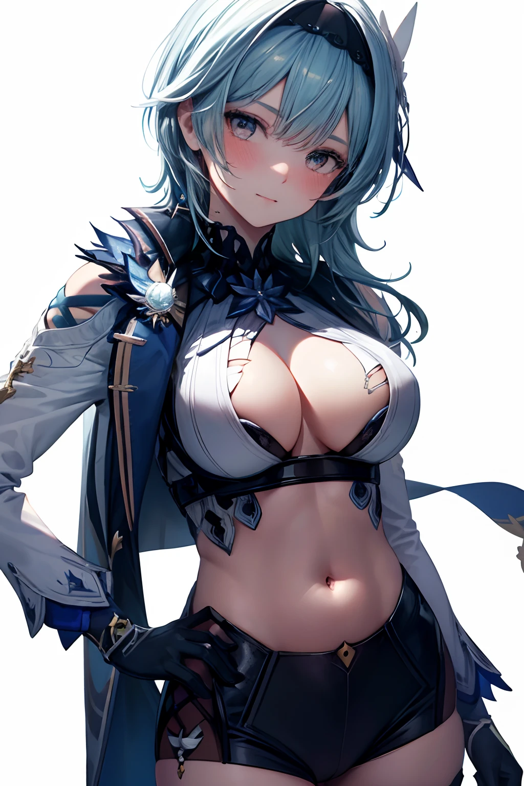 (((Masterpiece))), (portrait), diffused light, dynamic shadows, sharp focus, realistic, detailed, highres, absurdres, anatomically correct, slight smile, white background, torn clothes, looking to the side, belly button, medium breast, blush