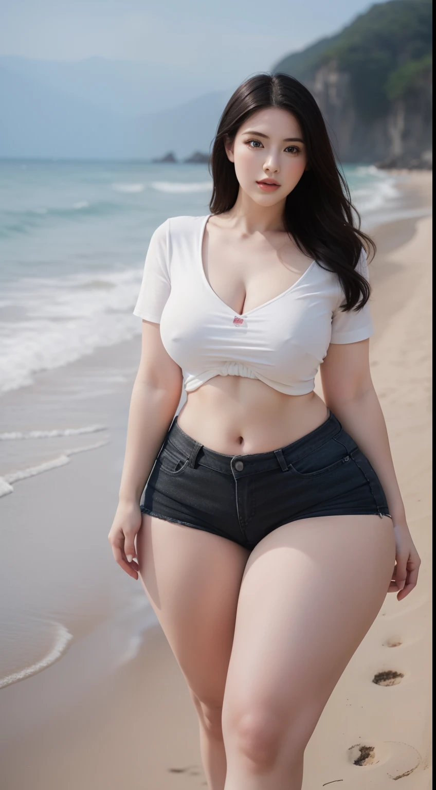 best qualtiy, tmasterpiece, A high resolution,8K,(realisticlying:1.4),超A high resolution,1girll, ultra - detailed, hyper realisitc, highly detailed CGillustration, offcial art, cinematric light, Realistis, Young and beautiful girl, perfect body figure, perfect body figure, full pov, Perfect body, (Starting below:1.3), lewd poses, long sexy legs, self-assured, Beautiful Sexy, Gray short sleeves, Open abdomen, Black super shorts, S-shaped body, Upturned buttocks,posing on a,Pose,Different Perspectives,Lingling's delicate eyes,beautiful delicate nose,
giant stunning goddess shot, curvy hourglass figure, Angela White, thicc, beautiful thick female, Thick body, Curvy body, Curvy model, Voluptious body, bbwchan, alluring plus sized model, beautiful curvy female, voluptuous figure, posing on the beach, Wide hips,There is a white dress