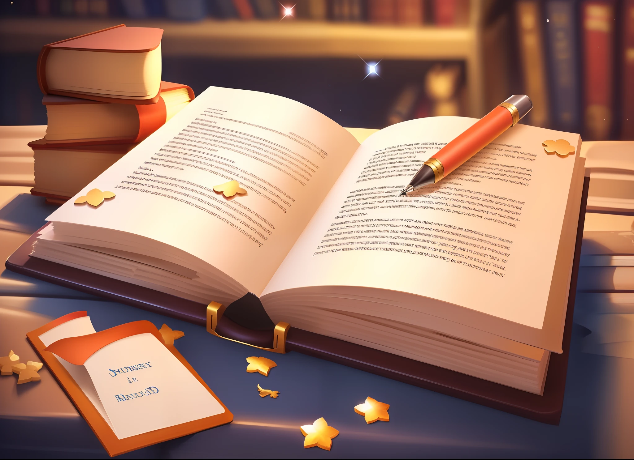 There is a desk and an open book, Fountain Pen, library background, Detailed 2D illustration, 2020 video game screenshot, dusty library, library background, 2 0 2 0 s promotional art, library background, detailed book illustration, detailed scene, illustrative art, book illustrations, fantasy book illustration, arte renderizada, Detailed art, Magic Book, open magic book glowing, realistic scene, storybook design, Artistic illustration, fantasy rpg book illustration, An open book, background artwork, storybook illustrations