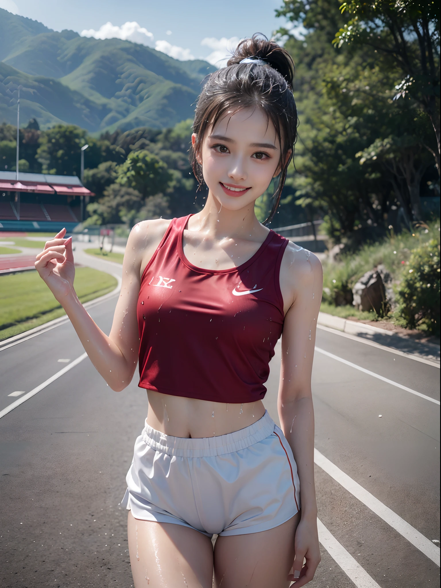 hight resolution、high-level image quality、8K、Real live-action、masutepiece、((masterpiece, Top image quality, hight resolution、独奏、small tits、Sleeveless uniforms on land、Small Sleeveless Uniform、Tight sleeveless uniform、The shorts are taken off to the thighs、Tiny panties exposed、track and field athlete、high-ponytail Hairstyle、no-bra、full body Esbian、A smile、A slight smil、Tecateca skin、glowy skin))、Sweaty face、Latina, puberty, full of sweat、red lipsticks、Walk along the tracks of the athletics stadium、独奏、On both hands and hips、Navel is visible、squatt、((Uniform wet with sweat))、(((see the whole body)))