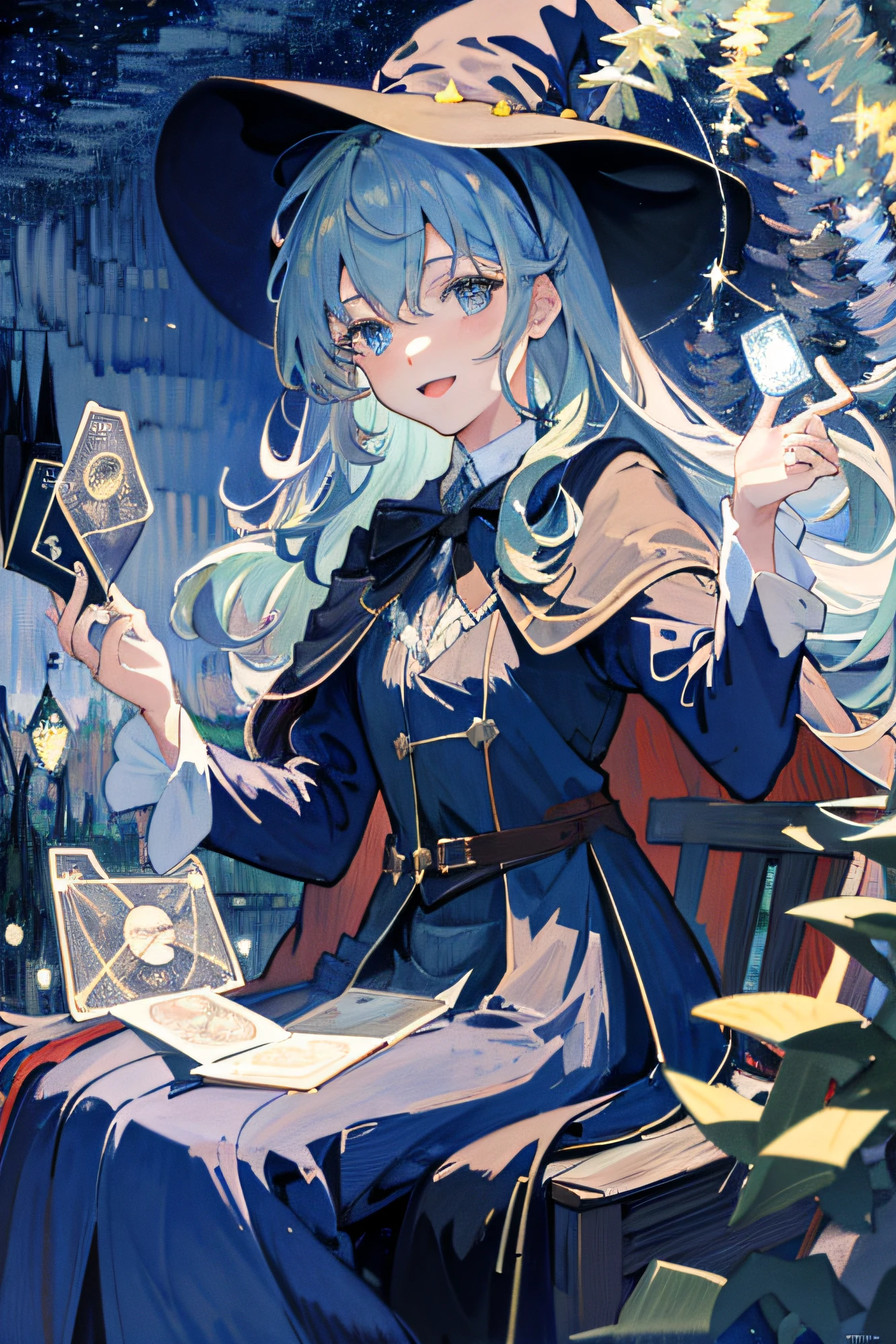 ((Masterpiece:1.2, Best quality)), 1girll, Solo, (Witch hat), Blonde hair, Long hair, dress, aurora, Night, Star (sky), mitts, sky, White dress, Night sky, Open mouth, Starry sky, Blue eyes, ribbon, Very long hair, Red dress, Smile, Hair ribbon, Cape, Blue hair, (Bird), magic, casting spell, Dark clouds, Night, (Impressionism:1.4), (tarot:1.3), Alphonse Mucha,masterpiece,high qulity,8K,OC rendering