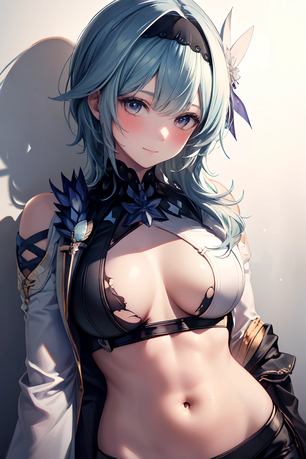 (((Masterpiece))), (portrait), diffused light, dynamic shadows, sharp focus, realistic, detailed, highres, absurdres, anatomically correct, slight smile, white background, torn clothes, looking to the side, belly button, medium breast, blush