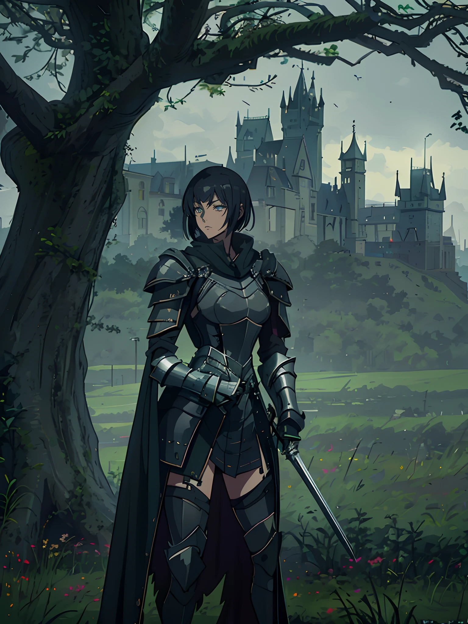 gloomy goth emo female knight, depressed, cloudy foggy misty setting, vast desolate field, castle in far distance, black eyeliner, black eyeshadow, tomboy, short hair, hair between eyes, side-locks, medieval intricate elaborate knight armor, narrow waist, wide hips, overcast