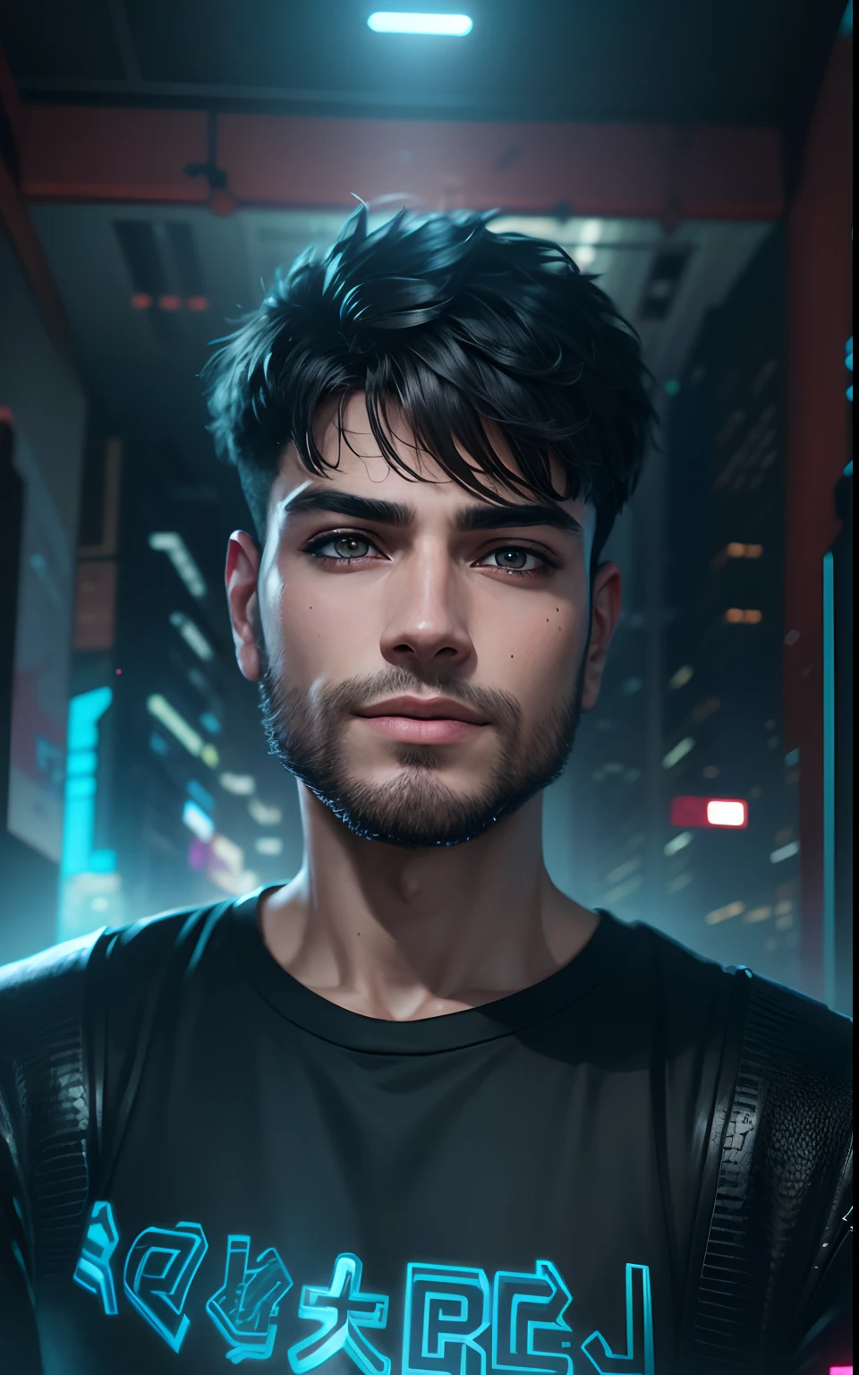 Change background cyberpunk handsome boy. realistic face.8k ultra realistic black outfit
