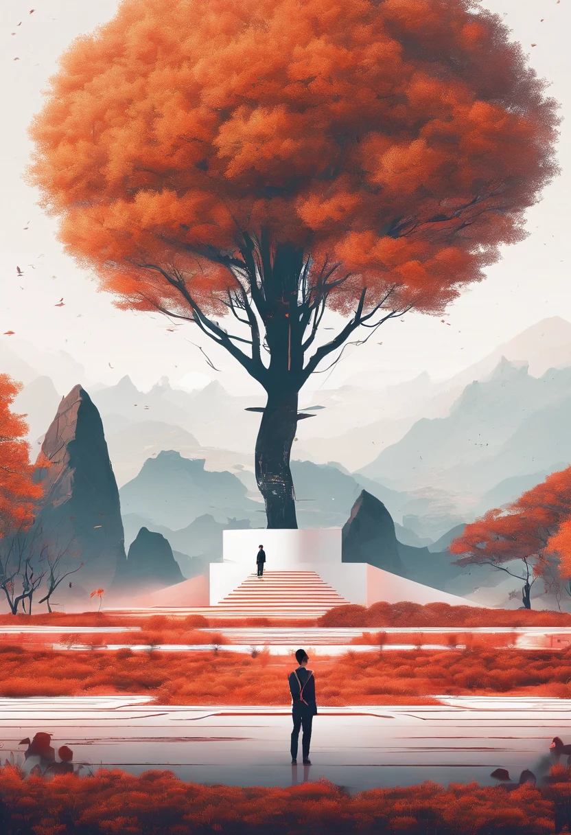 A tree with few leaves, Autumn view Little man under the tree, White building in the distance, Chinese Style Landscape Zen Minimalist Aesthetics Minimalist Sense of Space Chinese Traditional Culture Chinese Style Landscape New Chinese Style Oriental