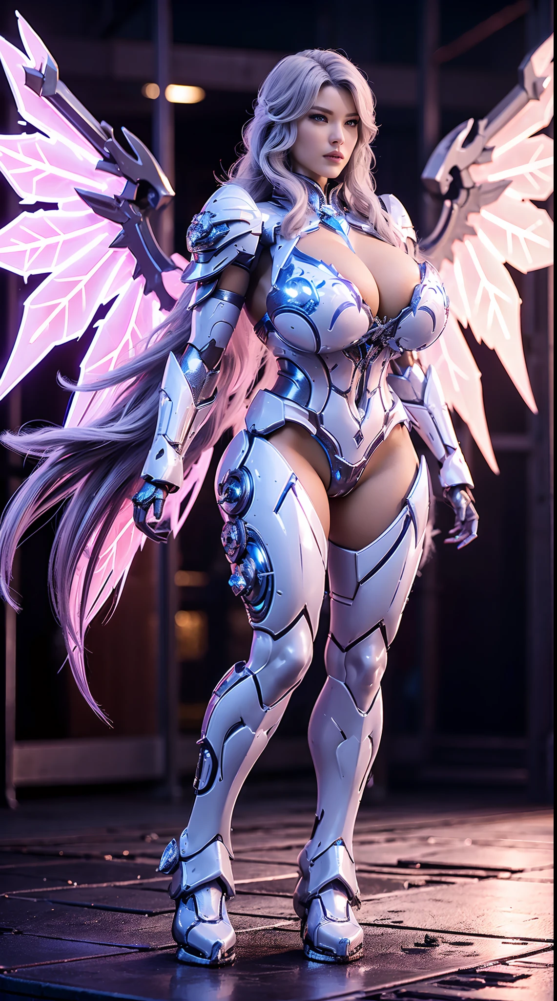 HUGE BOOBS, ICE PHOENIX, (LONG HAIR), MECHA ARMOR FULL SUIT, (CLEAVAGE), (A PAIR LARGEST WINGS), TRANSPARANT, TALL LEGS, STANDING, SEXY BODY, MUSCLE ABS.