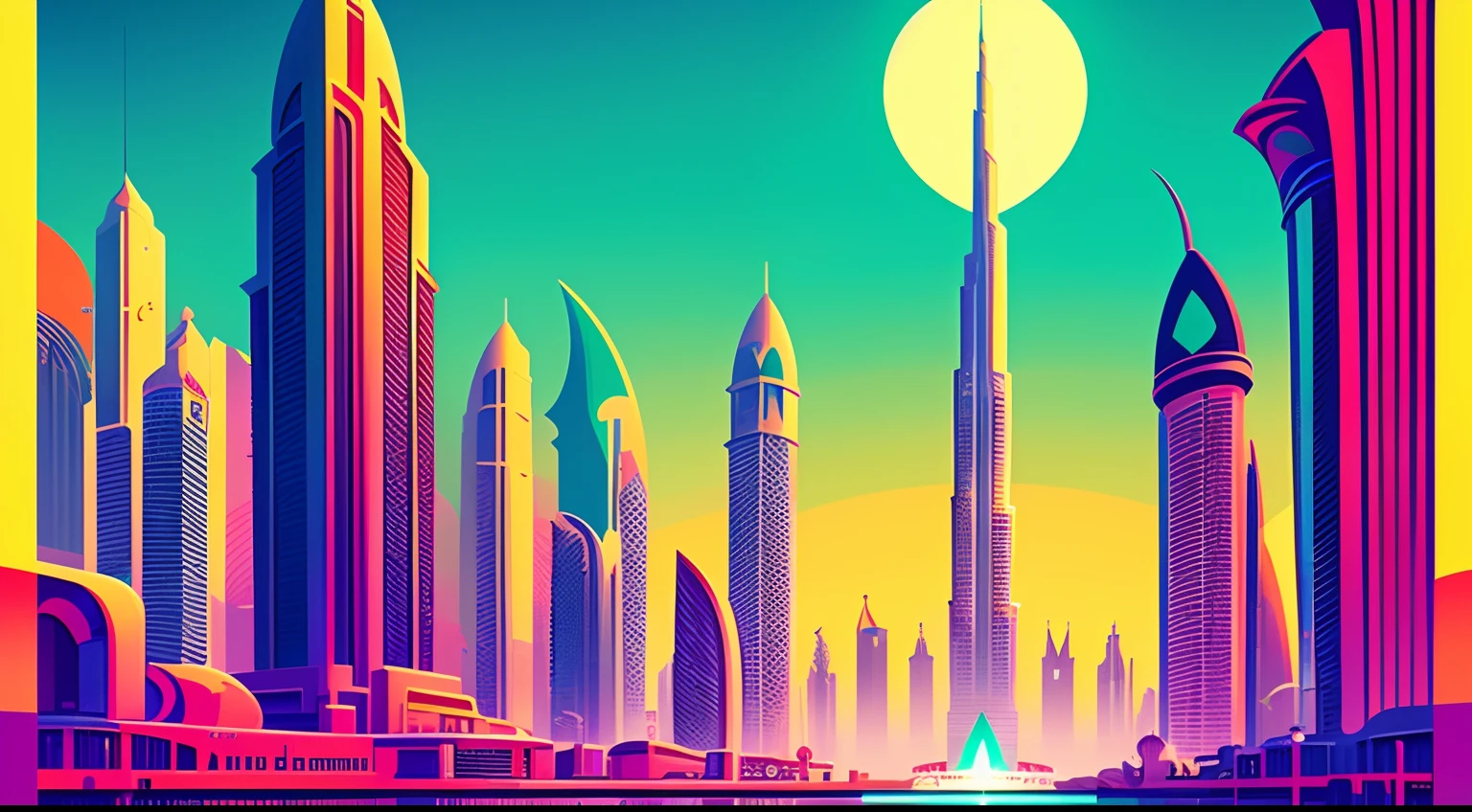 a poster of a city Dubai, kilian eng vibrant colours, art deco illustration, art deco poster, vibrant colors, digital illustration art deco outrun anime . illustration