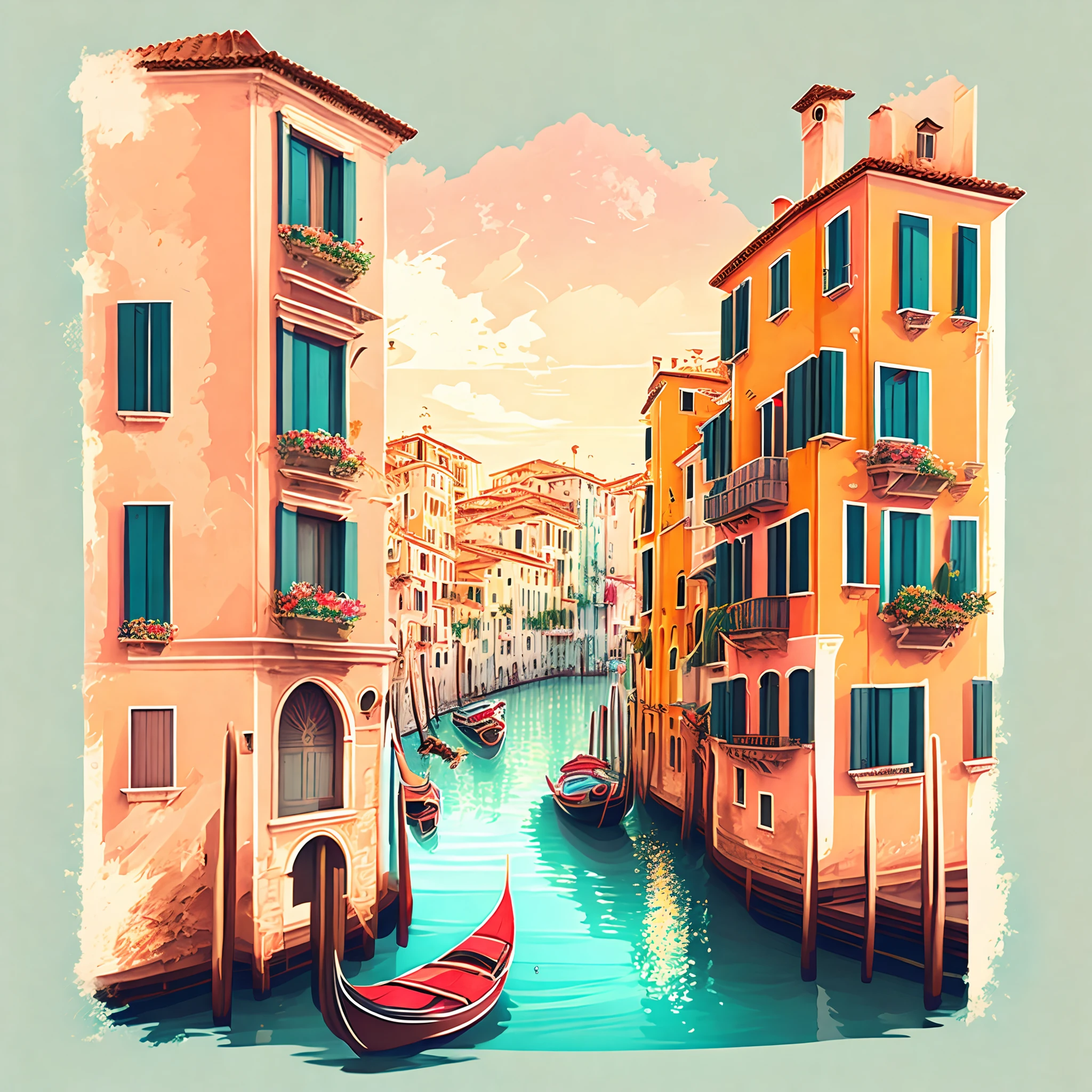 Venice Town in italy, anime style, bright image, soft color, tshirt design, vector-art