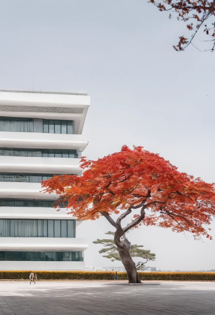 A tree with few leaves, Autumn view Little man under the tree, White building in the distance, Chinese Style Landscape Zen Minimalist Aesthetics Minimalist Sense of Space Chinese Traditional Culture Chinese Style Landscape New Chinese Style Oriental