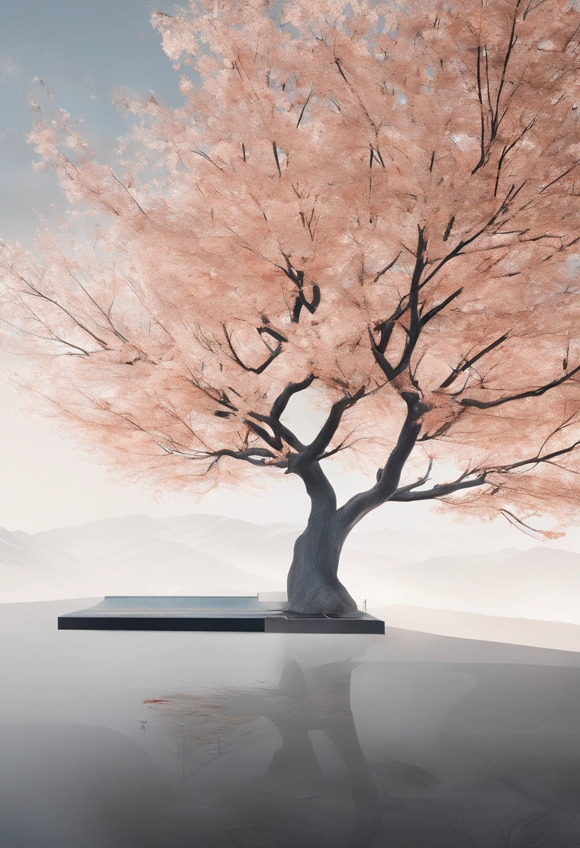 A tree with few leaves, Autumn view Little man under the tree, White building in the distance, Chinese Style Landscape Zen Minimalist Aesthetics Minimalist Sense of Space Chinese Traditional Culture Chinese Style Landscape New Chinese Style Oriental