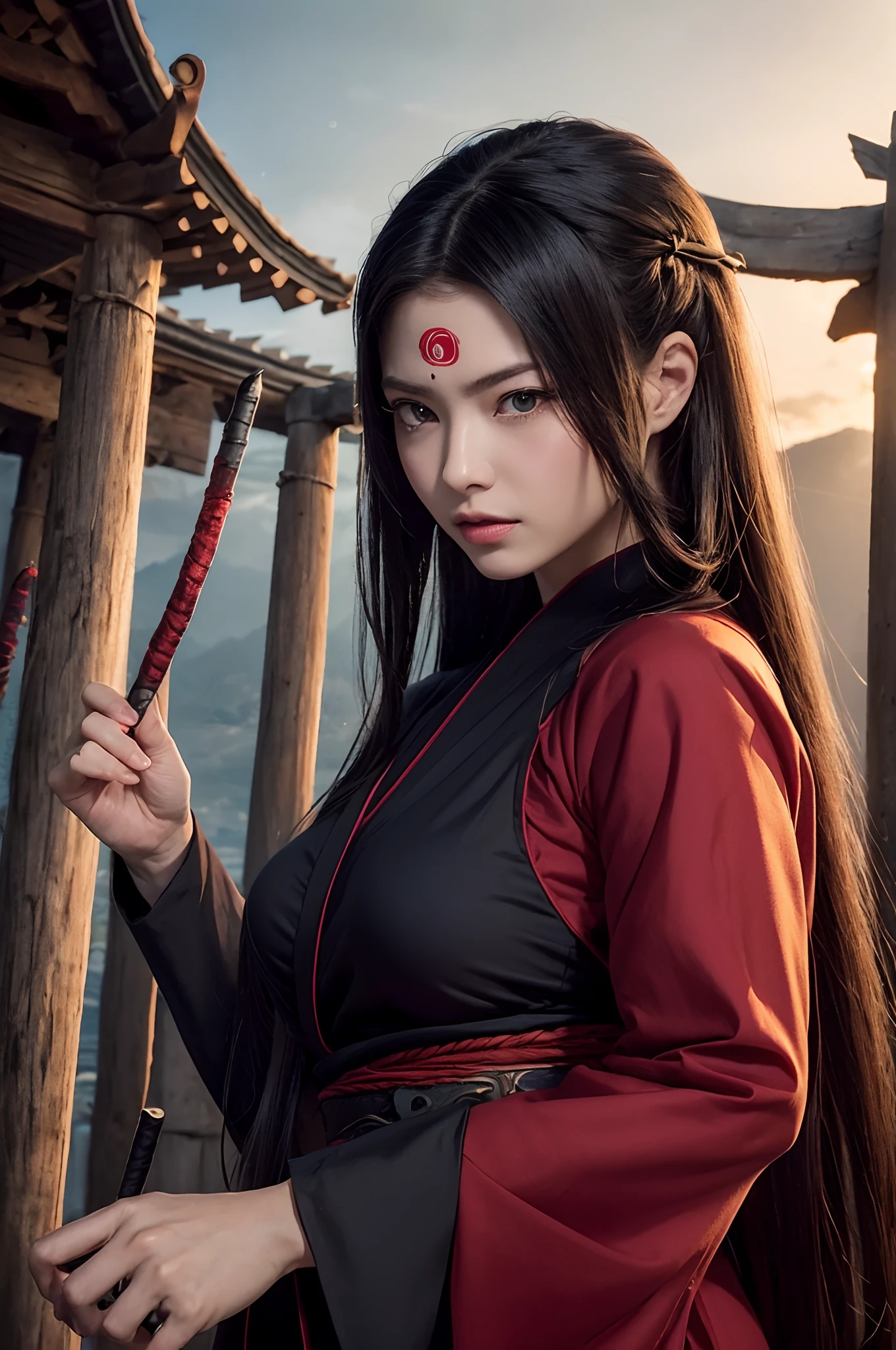 high quality fingers, normal hands, detailed fingers, masterpiece, (realistic, photo-realistic: 1.37), realistic, 1girl, long hair:1.5, black hair:1.2, red eyes:1.5, bright eyes, mortal kombat, ninja, blood, scar, weapons, kimono, dress, mortal kombat suit, large breasts, fighting pose, serene look, temple, meditation, injuries, ninja mask, cover half face, eyes to the sky