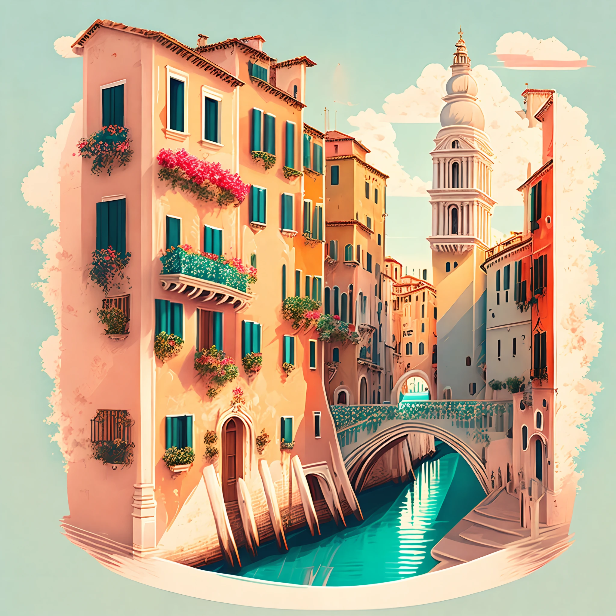 Venice Town in italy, anime style, bright image, soft color, tshirt design, vector-art
