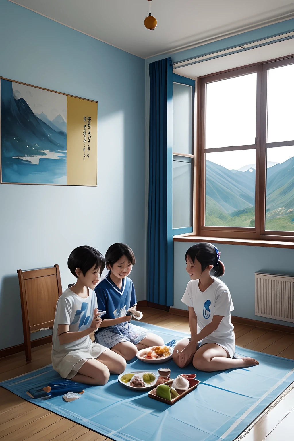 In the school dorm, 3 happy chinese girls about the age of 10; short hair; wearing causual outfit sitting on the floor having a picnic in the room. On the hands held lot of food. the floor is covered with blue and white picnic blanket, there is a small window with moutain view outside and there is a blue sky. Simple lines, watercolor and Miyazaki style, Morandi color with obvious lines, no extra limbs. The room is painted with white paint