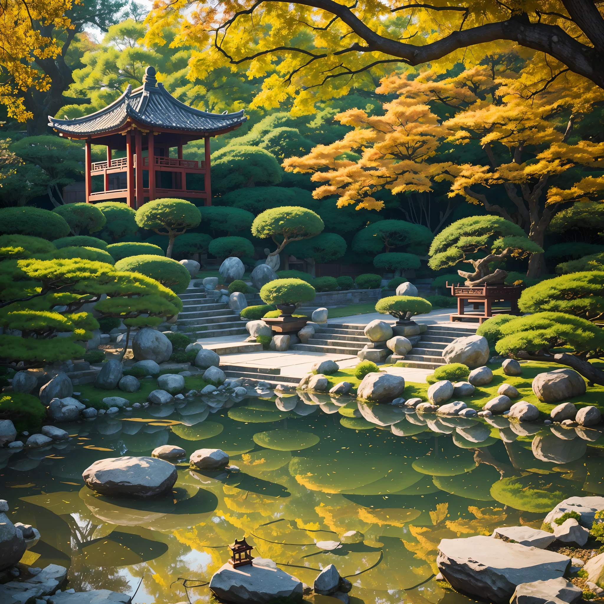 autumn traditional Chinese garden scene,beautifully landscaped garden,serene atmosphere,secluded paths and bridges,vividly colored trees and foliage,reflected in still water,ancient pavilions and pagodas,ornate architectural details,quiet and peaceful ambiance,fallen leaves carpeting the ground,subtle sunlight filtering through the trees,tranquil ponds with koi fish swimming,artfully arranged rocks and bonsai trees,meticulously raked gravel and sand,hint of traditional Chinese music in the air,harmonious balance of nature and man-made elements,(best quality,highres),ultra-detailed(realistic:1.37)