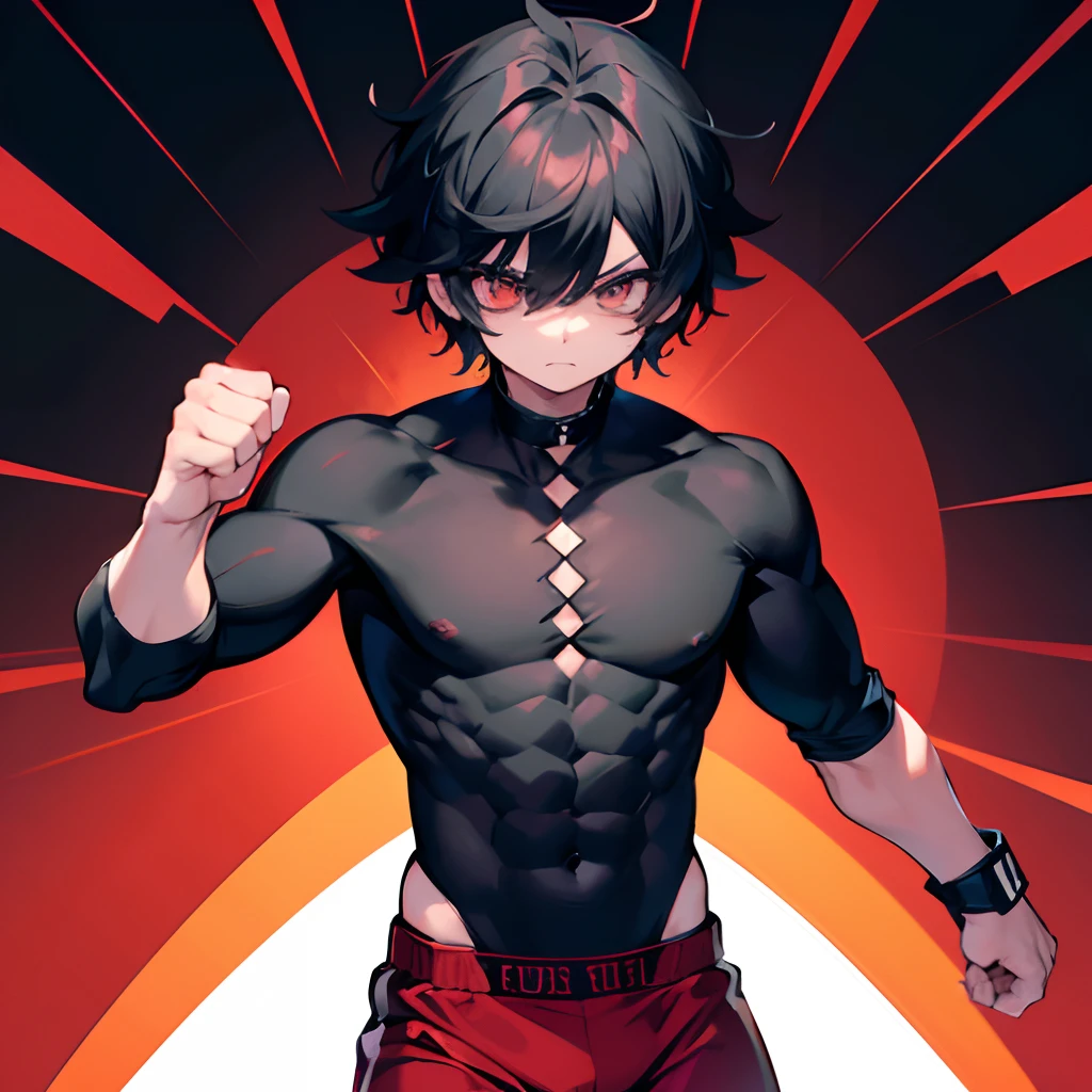 best quality, 8k, ultra-detalhado, anime, 1 meninoonagem masculino, adolescente, messy black hair, cabelos pretos, cabelos descoloridos, cabelos curtos e volumosos, cabelo espetado, olhos vermelhos brilhantes, olhos ultra deitailed, angry expression, long black compression shirt, camisa preta, kanji, Red shorts, corpo muscular magro, well-defined muscles, punching, red energy sphere in hand, Manoplas boxer vermelhas longas, Pose de luta, fundo da montanha, sun sunset, kanjis em segundo plano