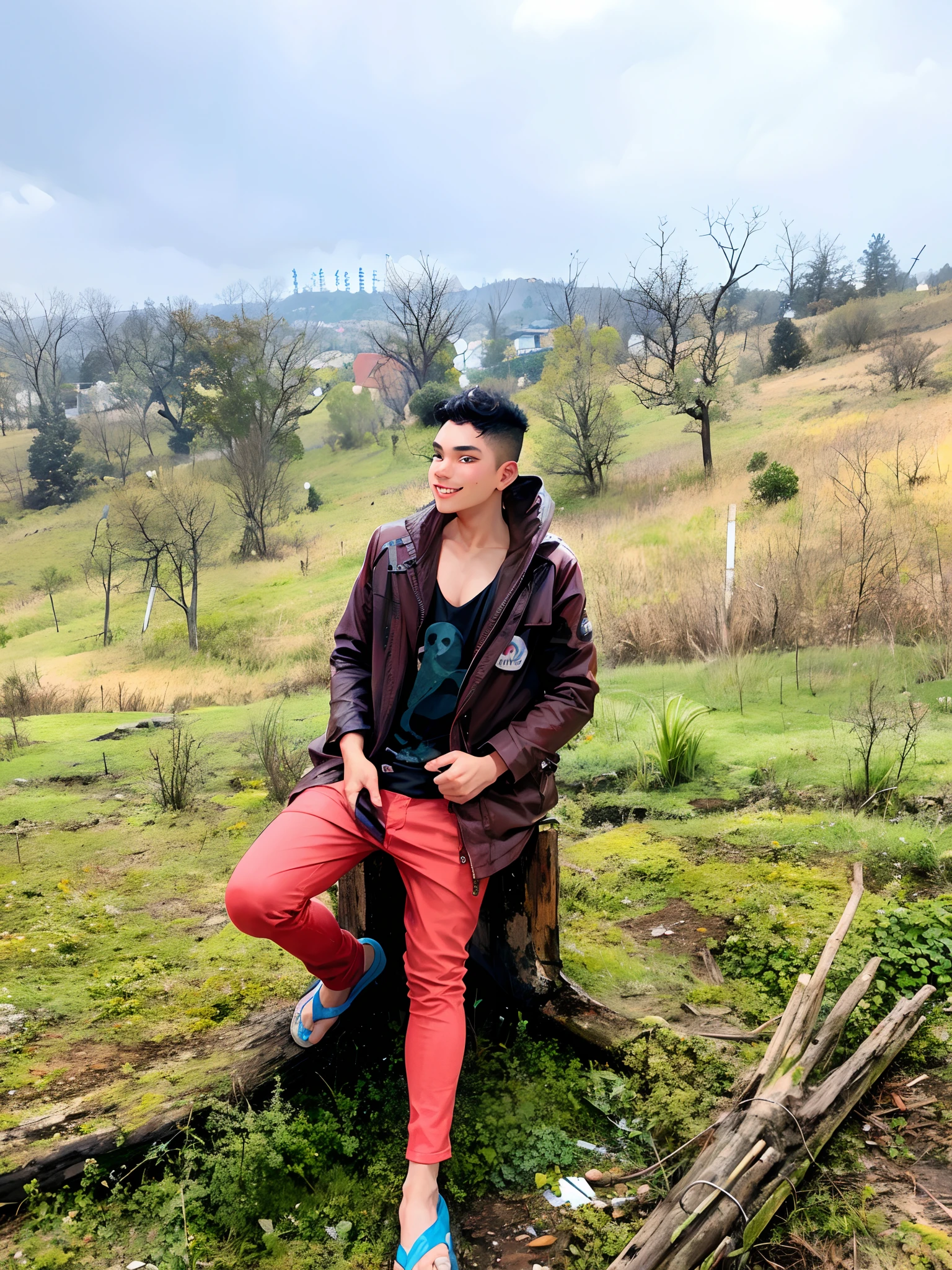 A very handsome teenager passed by me and inadvertently saw me, bust photo, smiling and looking at me. High nose, yellow race, relatively white skin, black hair, medium hair. The background is a wall with various graffiti on it. He wears simple short sleeves and holds a cute dog. Highest quality.