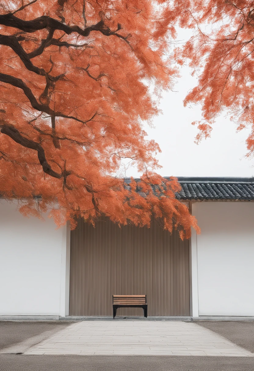 A tree with few leaves, Autumn view Little man under the tree, White building in the distance, Chinese Style Landscape Zen Minimalist Aesthetics Minimalist Sense of Space Chinese Traditional Culture Chinese Style Landscape New Chinese Style Oriental