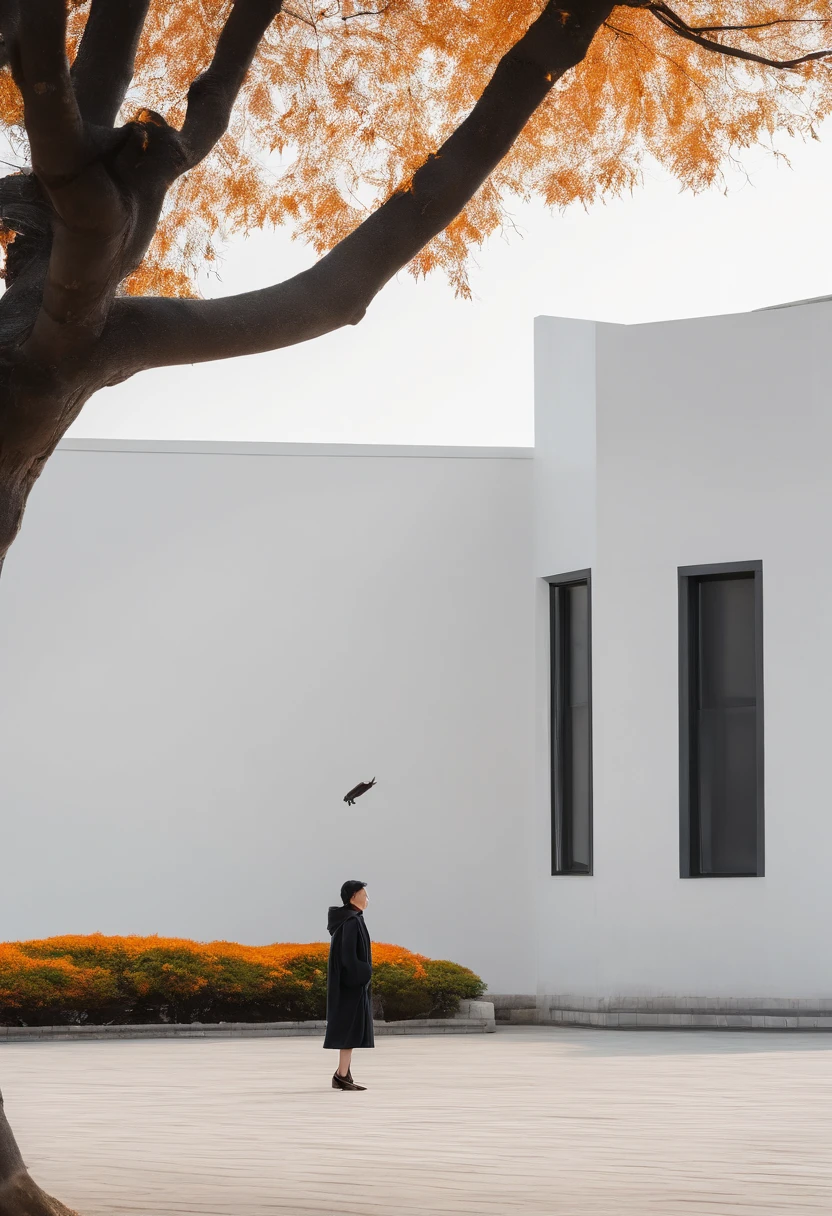 A tree with few leaves, Autumn view Little man under the tree, White building in the distance, Chinese Style Landscape Zen Minimalist Aesthetics Minimalist Sense of Space Chinese Traditional Culture Chinese Style Landscape New Chinese Style Oriental