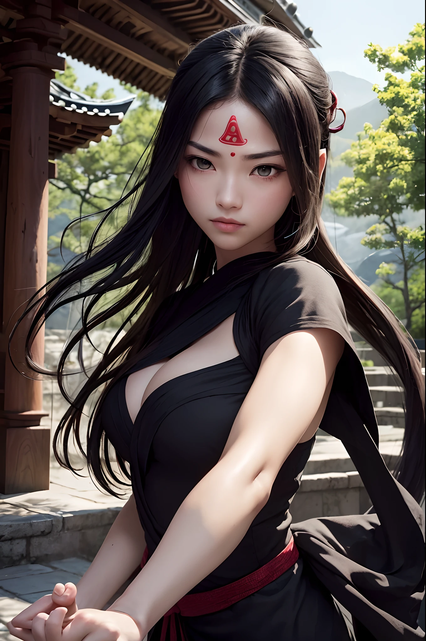 high quality fingers, normal hands, detailed fingers, masterpiece, (realistic, photo-realistic: 1.37), realistic, 1girl, long hair:1.5, black hair:1.2, red eyes:1.5, bright eyes, mortal kombat, ninja, blood, scar, weapons, kimono, dress, mortal kombat suit, large breasts, fighting pose, serene look, temple, meditation, injuries, ninja mask, cover half face, eyes to the sky
