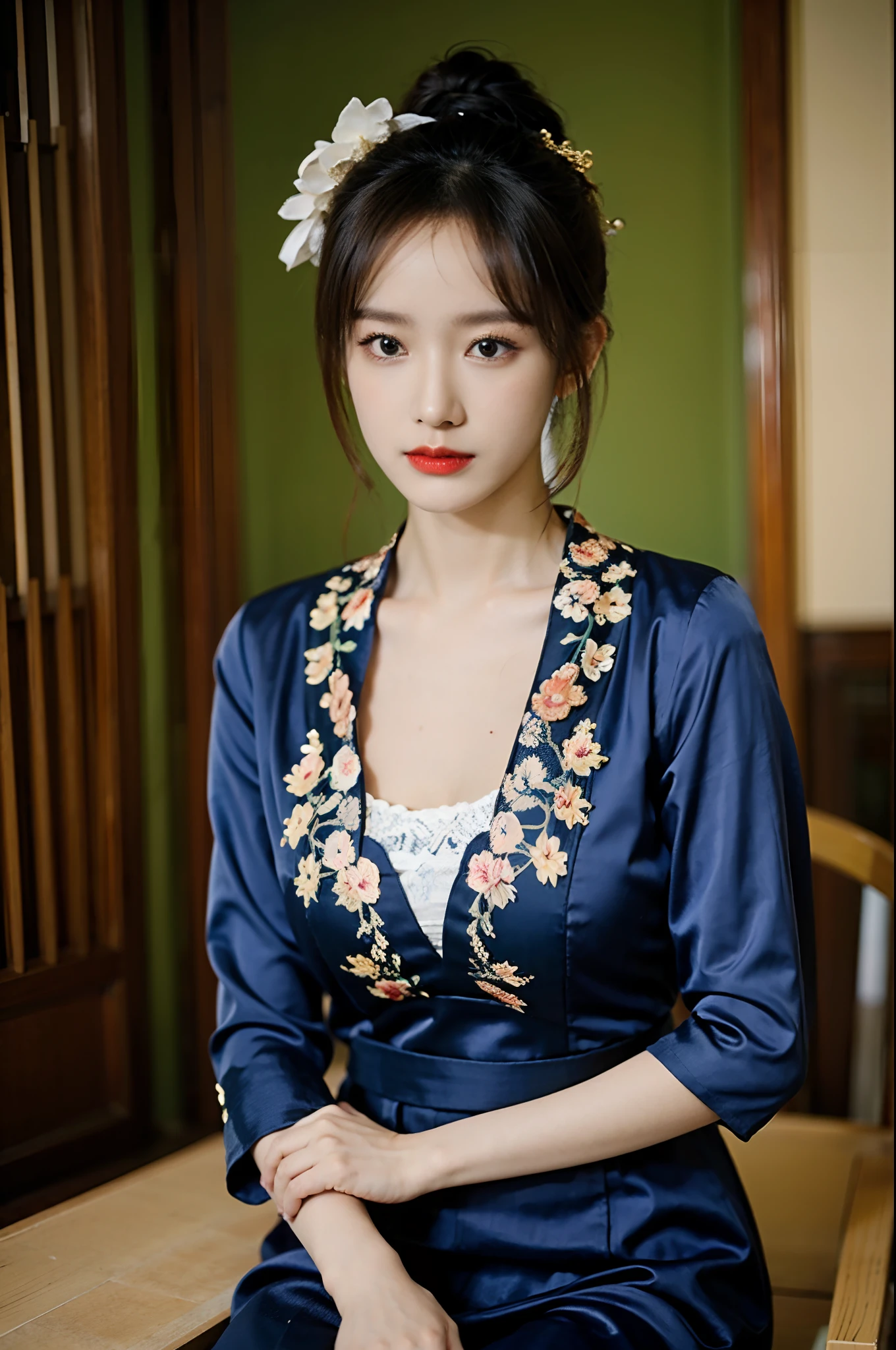 (A half body，Close-up，closeup cleavage)，Arakfi Asian woman sitting in chair，Wearing a green and gold dress, (outside,hot onsen，florals，grassy，nevando） ， A girl in Hanfu, Hanfu, Cheongsam, with acient chinese clothes, Traditional beauty, Traditional Chinese clothing, Wearing ancient Chinese clothes, Chinese style, Chinese dress, Chinese costume, Chinese traditional, Chinese girl, wearing ornate silk clothes，Redlip