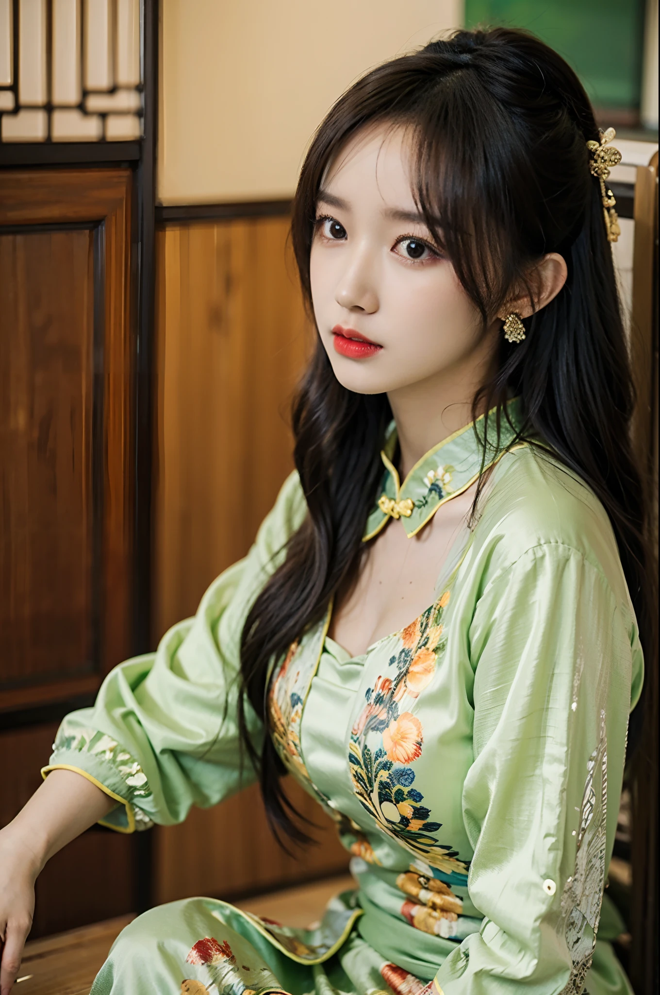 (A half body，Close-up，closeup cleavage)，Arakfi Asian woman sitting in chair，Wearing a green and gold dress, (outside,hot onsen，florals，grassy，nevando） ， A girl in Hanfu, Hanfu, Cheongsam, with acient chinese clothes, Traditional beauty, Traditional Chinese clothing, Wearing ancient Chinese clothes, Chinese style, Chinese dress, Chinese costume, Chinese traditional, Chinese girl, wearing ornate silk clothes，Redlip