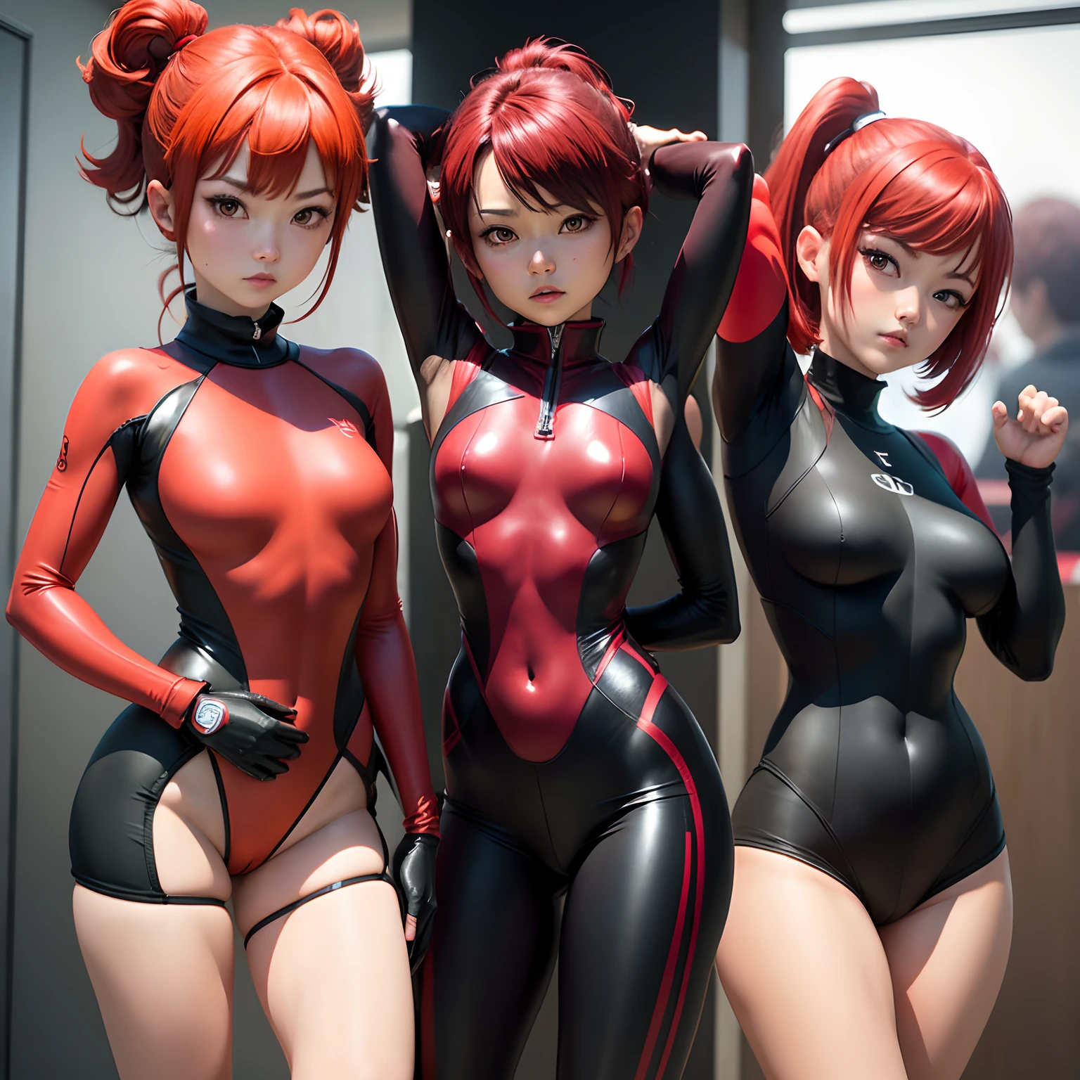 masutepiece、top-quality、ultra-detailliert、1 Chibi=(Cutie Honey in Anime、fighting poses、Red shorthair、Red and black wetsuit),Urban city