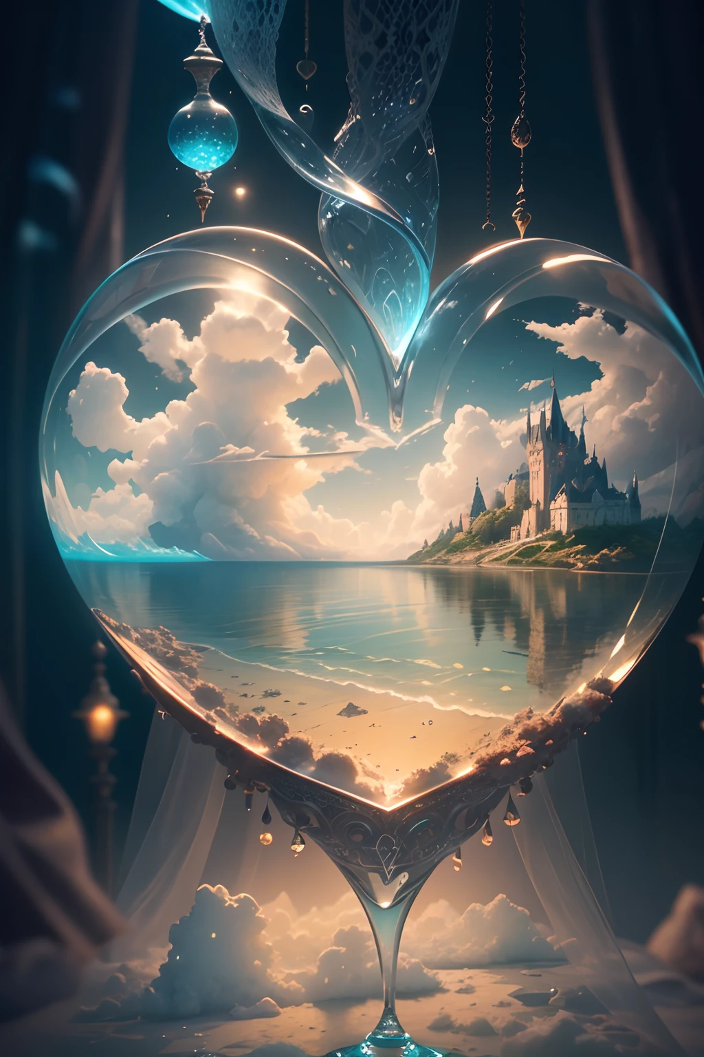 lovely double exposure image by blending together a man and a woman a stormy sea and a heart inside a glass mind. The sea should serve as the underlying backdrop, with its details subtly incorporated into the glossy glass mind, sharp focus, double exposure, glossy glass mind, (translucent glass figure of an heart) (sea inside) lifeless, dead, glass mind, earthy colors, decadence, intricate design, hyper realistic, high definition, extremely detailed, dark softbox image, raytracing, cinematic, HDR, photorealistic (double exposure:1.1), many more small hear shaped water drops.Cotton Candy Queen Women Goddess 8k Resolution Rendered Hyper Realistic Intricate Detail lives in an frosty heart shaped ice bubble, a fanciful place filled with castles, cotton candy, swans lakes and fluffy clouds, An intricate visual representation of computer programing, rendered in 24k resolution with intricate details and symbols.