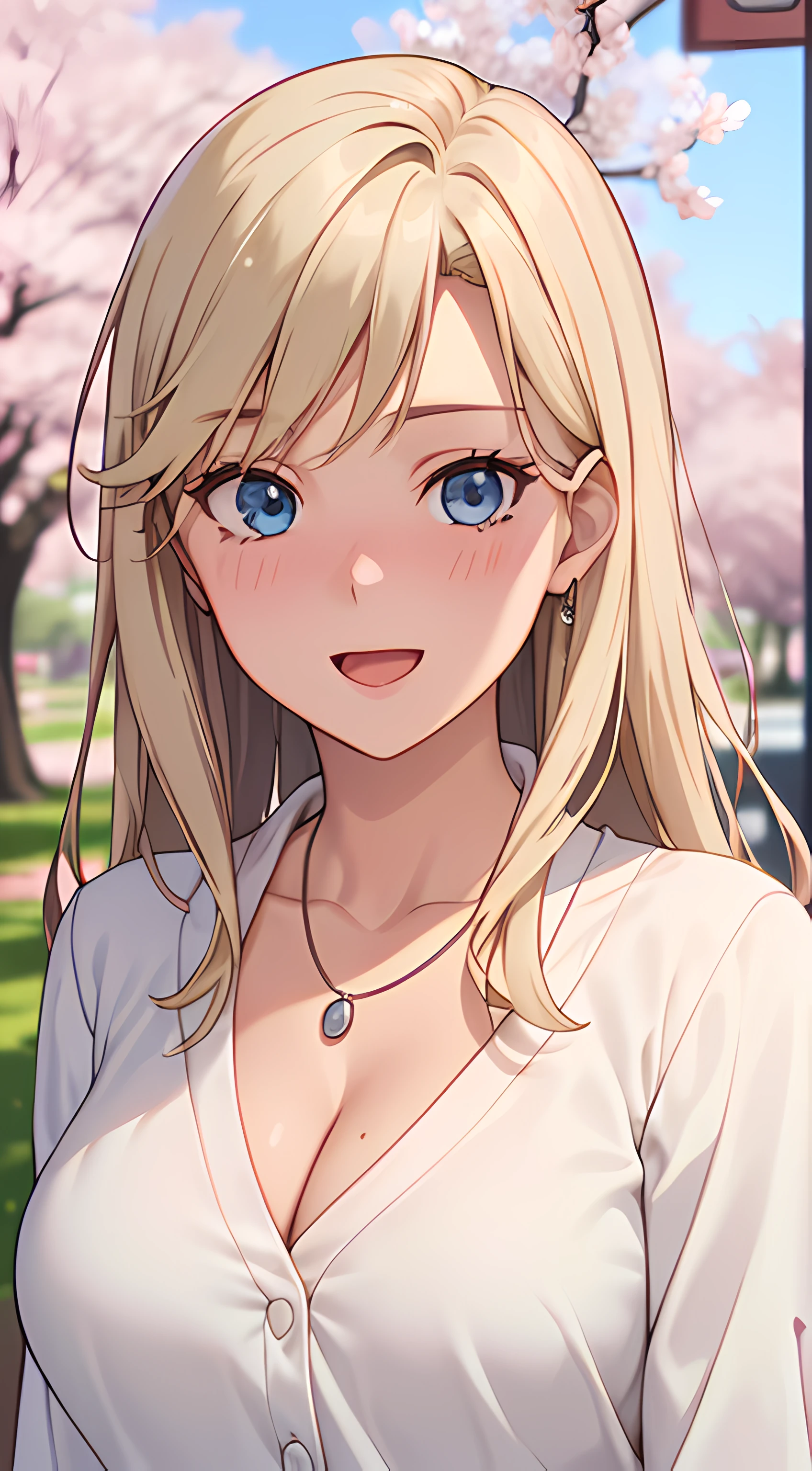 ((masterpiece, best quality, highres, UHD, RTX, perfect pixel, depth of field, 4k, extremely-detailed))), 1girl, single, solo, beautiful anime girl, beautiful artstyle, anime character, ((long hair, parted bangs, blonde hair)), ((blue eyes:1.4, rounded eyes, beautiful eyelashes, realistic eyes)), ((detailed face, blushing:1.2)), ((smooth texture:0.75, realistic texture:0.65, photorealistic:1.1, anime CG style, vibrant color)), ((medium breasts, cleavage:0.9, busty)), dynamic angle, perfect body, ((POV, dynamic pose, portrait)), ((white sweater, long sleeve, black skirt, fashionable, single handbag, 1diamond necklace)), smile, open mouth, amusement park, ((cherry blossom tree, cherry blossoms fall))