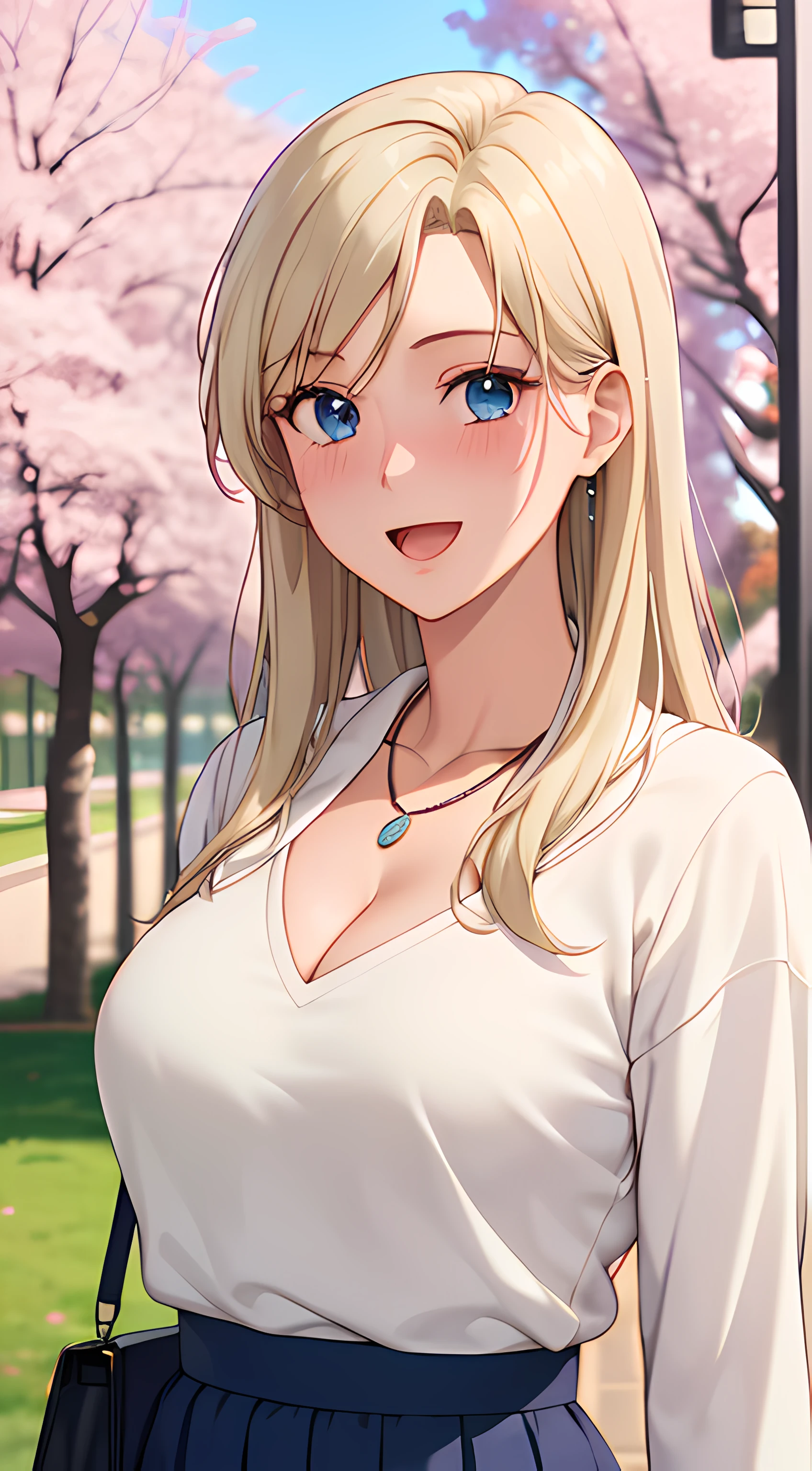 ((masterpiece, best quality, highres, UHD, RTX, perfect pixel, depth of field, 4k, extremely-detailed))), 1girl, single, solo, beautiful anime girl, beautiful artstyle, anime character, ((long hair, parted bangs, blonde hair)), ((blue eyes:1.4, rounded eyes, beautiful eyelashes, realistic eyes)), ((detailed face, blushing:1.2)), ((smooth texture:0.75, realistic texture:0.65, photorealistic:1.1, anime CG style, vibrant color)), ((medium breasts, cleavage:0.9, busty)), dynamic angle, perfect body, ((POV, dynamic pose, portrait)), ((white sweater, long sleeve, black skirt, fashionable, single handbag, 1diamond necklace)), smile, open mouth, amusement park, ((cherry blossom tree, cherry blossoms fall))