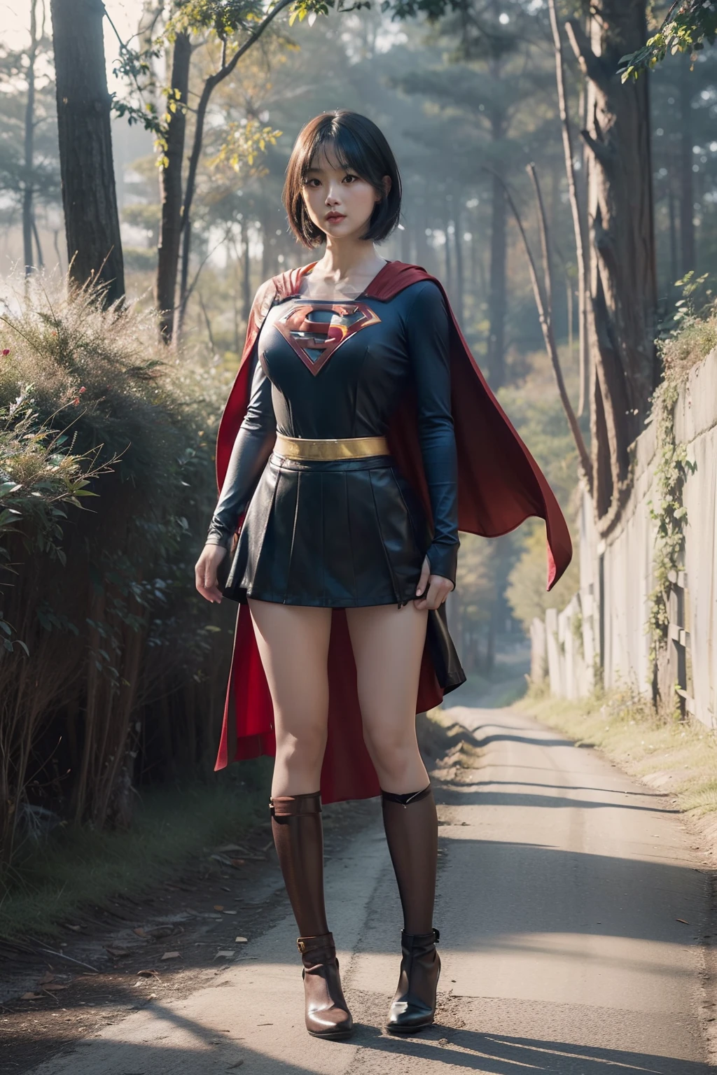 (Full body:1.5),(1girl in:1.3),(view the viewer:1.4),(anatomy correct:1.4),(Standing on a forest road:1.2),(Supergirl Costume:1.2),(Colossal tits:1.3),( Japan person 40 years old:1.1),(Accurate and perfect face:1.3),(Long legs:1.3),hyper HD, Ray traching, reflective light, Structurally correct, awardwinning, high detailing, Lighten the shade contrast, Face lighting ,Cinematic lighting, masutepiece, super detailing, High quality, high detailing, Best Quality, pleasant sensation,High contrast,A dark-haired、Center parted short hair、(Standing posture)、(Spread two legs)、(Turn both knees outward)、(Bend both knees)、Lots of black pubic hair、Pointed udder