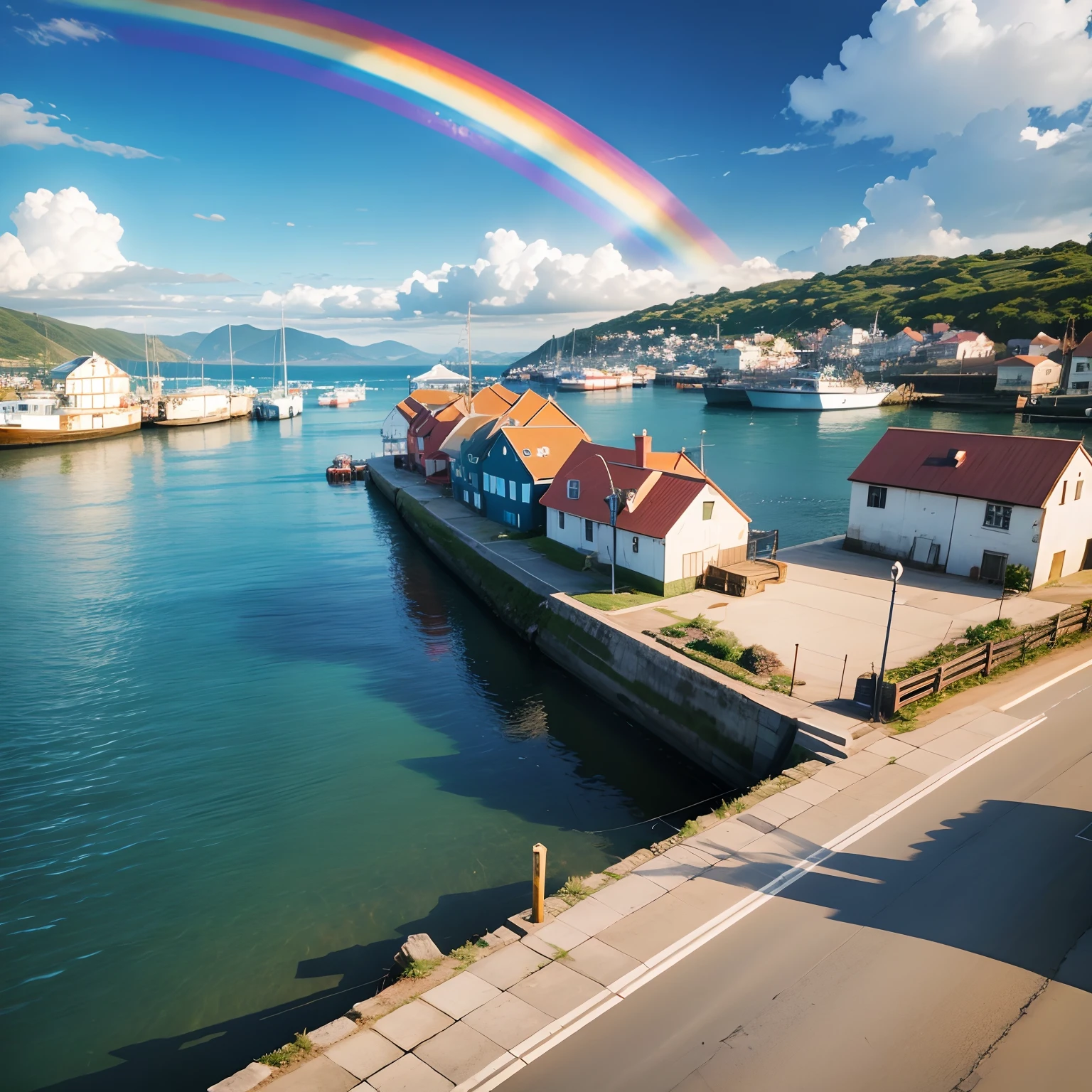 Rainbow in the sky over the fishing port