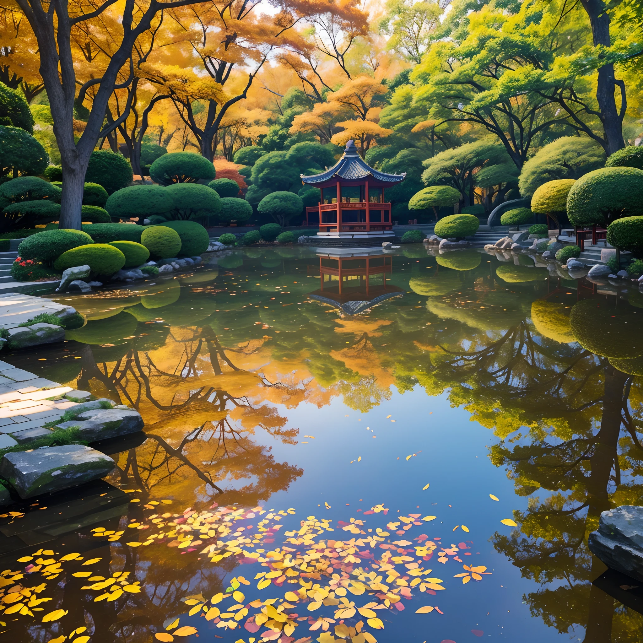 autumnal,Beautiful landscaped gardens,tranquil ambiance,Secluded trails and bridges,Brightly colored trees and leaves,Reflected in still water,Ancient pavilions and pagodas,Gorgeous architectural details,quiet and serene atmosphere,Fallen leaves covered the ground,Delicate sunlight through the trees,a serene pond,Koi fish swim,Cleverly arranged rocks and bonsai trees,Elaborate raking of gravel and sand,The air is filled with the smell of traditional Chinese music,A harmonious balance of natural and man-made elements,(Best quality,A high resolution),Ultra-detailed(Realistic:1.37)