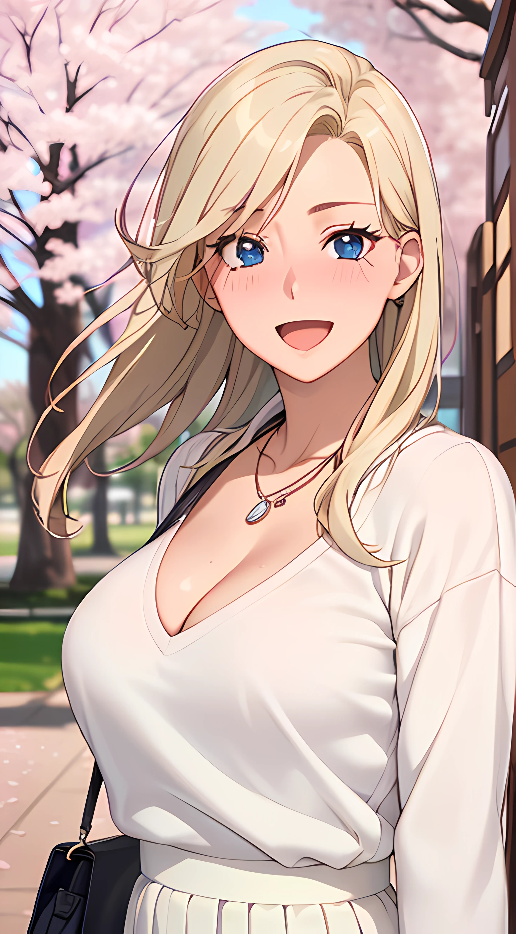((masterpiece, best quality, highres, UHD, RTX, perfect pixel, depth of field, 4k, extremely-detailed))), 1girl, single, solo, beautiful anime girl, beautiful artstyle, anime character, ((long hair, parted bangs, blonde hair)), ((blue eyes:1.4, rounded eyes, beautiful eyelashes, realistic eyes)), ((detailed face, blushing:1.2)), ((smooth texture:0.75, realistic texture:0.65, photorealistic:1.1, anime CG style, vibrant color)), ((medium breasts, cleavage:0.9, busty)), dynamic angle, perfect body, ((POV, dynamic pose, portrait)), ((white sweater, long sleeve, black skirt, fashionable, single handbag, 1diamond necklace)), smile, open mouth, amusement park, ((cherry blossom tree, cherry blossoms fall))