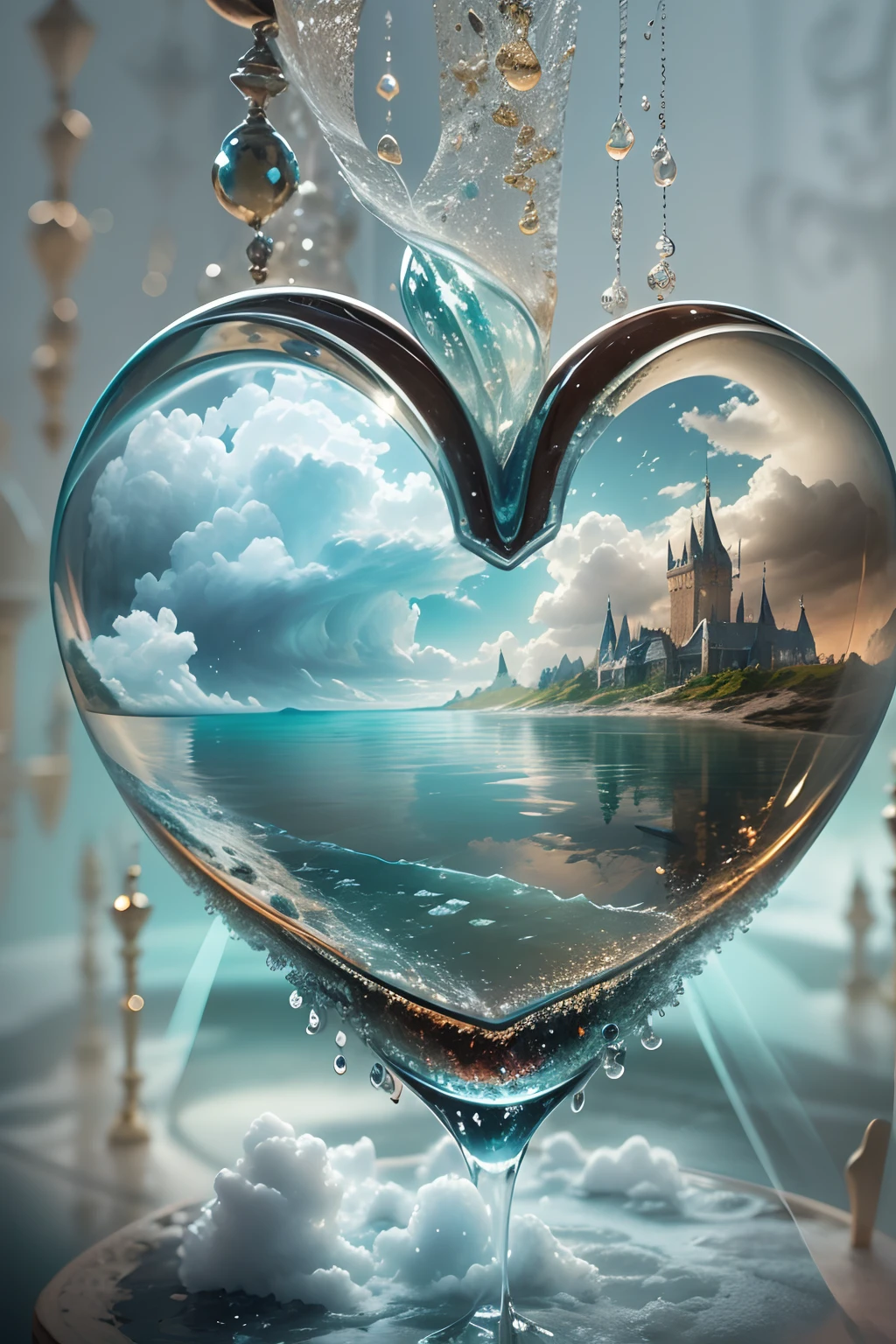 lovely double exposure image by blending together a man and a woman a stormy sea and a heart inside a glass mind. The sea should serve as the underlying backdrop, with its details subtly incorporated into the glossy glass mind, sharp focus, double exposure, glossy glass mind, (translucent glass figure of an heart) (sea inside) lifeless, dead, glass mind, earthy colors, decadence, intricate design, hyper realistic, high definition, extremely detailed, dark softbox image, raytracing, cinematic, HDR, photorealistic (double exposure:1.1), many more small hear shaped water drops.Cotton Candy Queen Women Goddess 8k Resolution Rendered Hyper Realistic Intricate Detail lives in an frosty heart shaped ice bubble, a fanciful place filled with castles, cotton candy, swans lakes and fluffy clouds, An intricate visual representation of computer programing, rendered in 24k resolution with intricate details and symbols.
