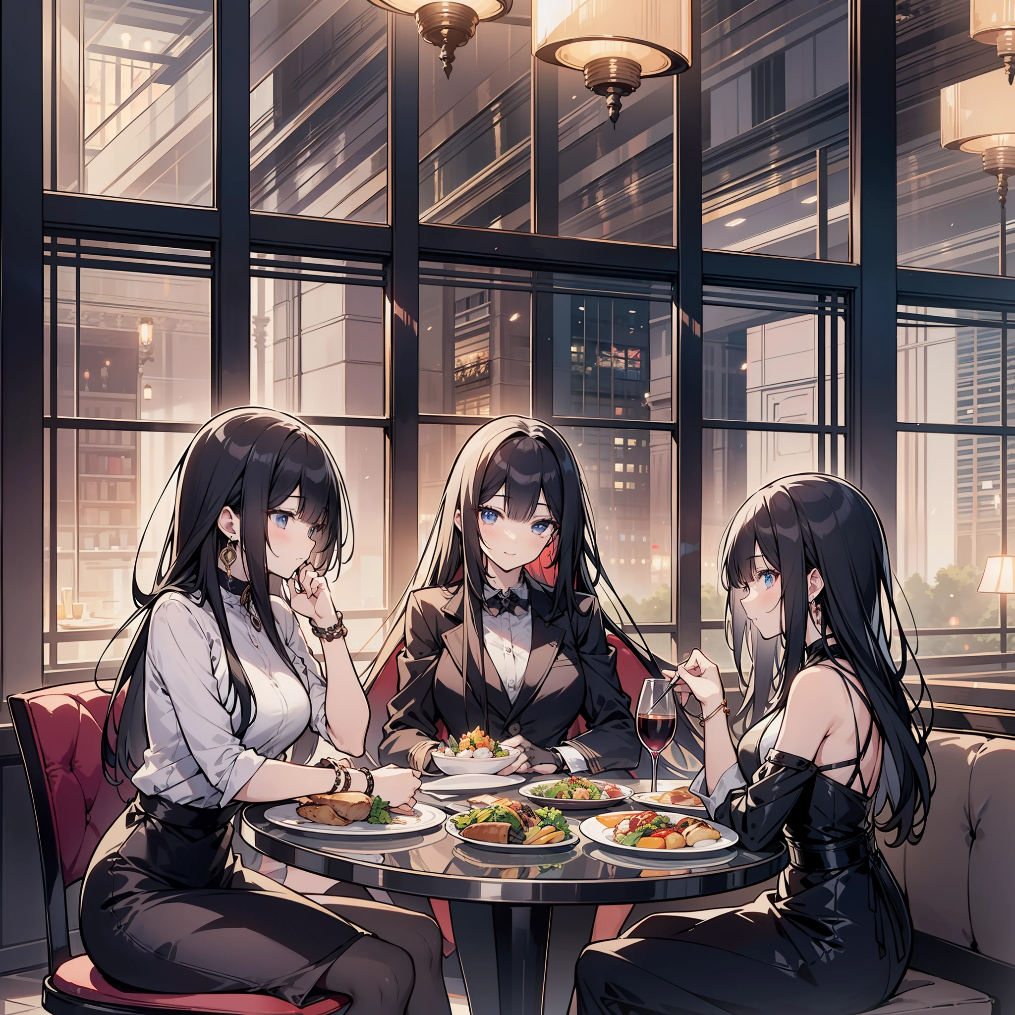 Many beautiful women sit together at the table in a high-end restaurant(Background in fine dining restaurant:1.5),Anime style 4K,Anime rendering,style of anime,8K fineness,(Upper body display:1.5)(Cinematic lighting:1.5)