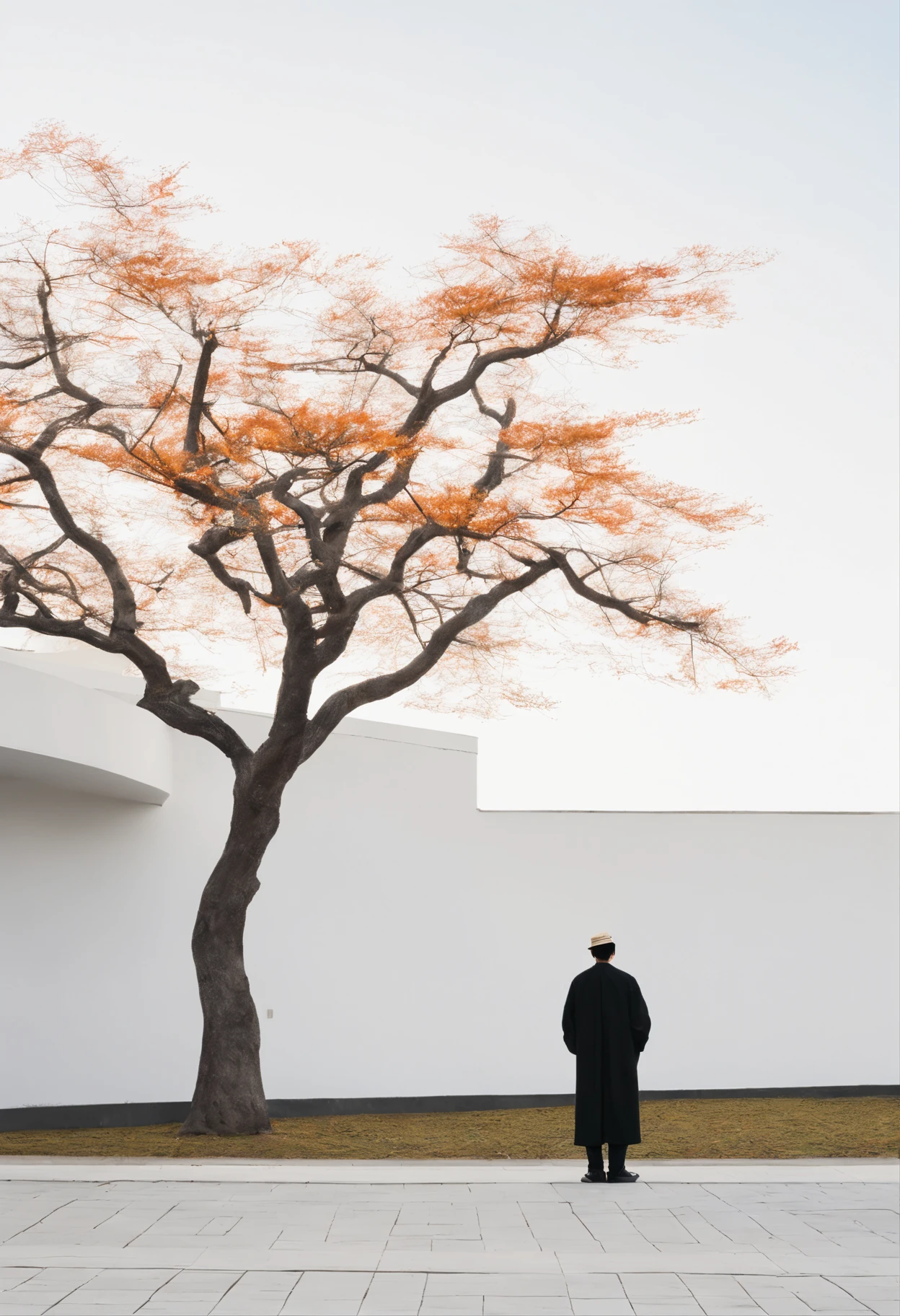 A tree with few leaves, Autumn view Little man under the tree, White building in the distance, Chinese Style Landscape Zen Minimalist Aesthetics Minimalist Sense of Space Chinese Traditional Culture Chinese Style Landscape New Chinese Style Oriental