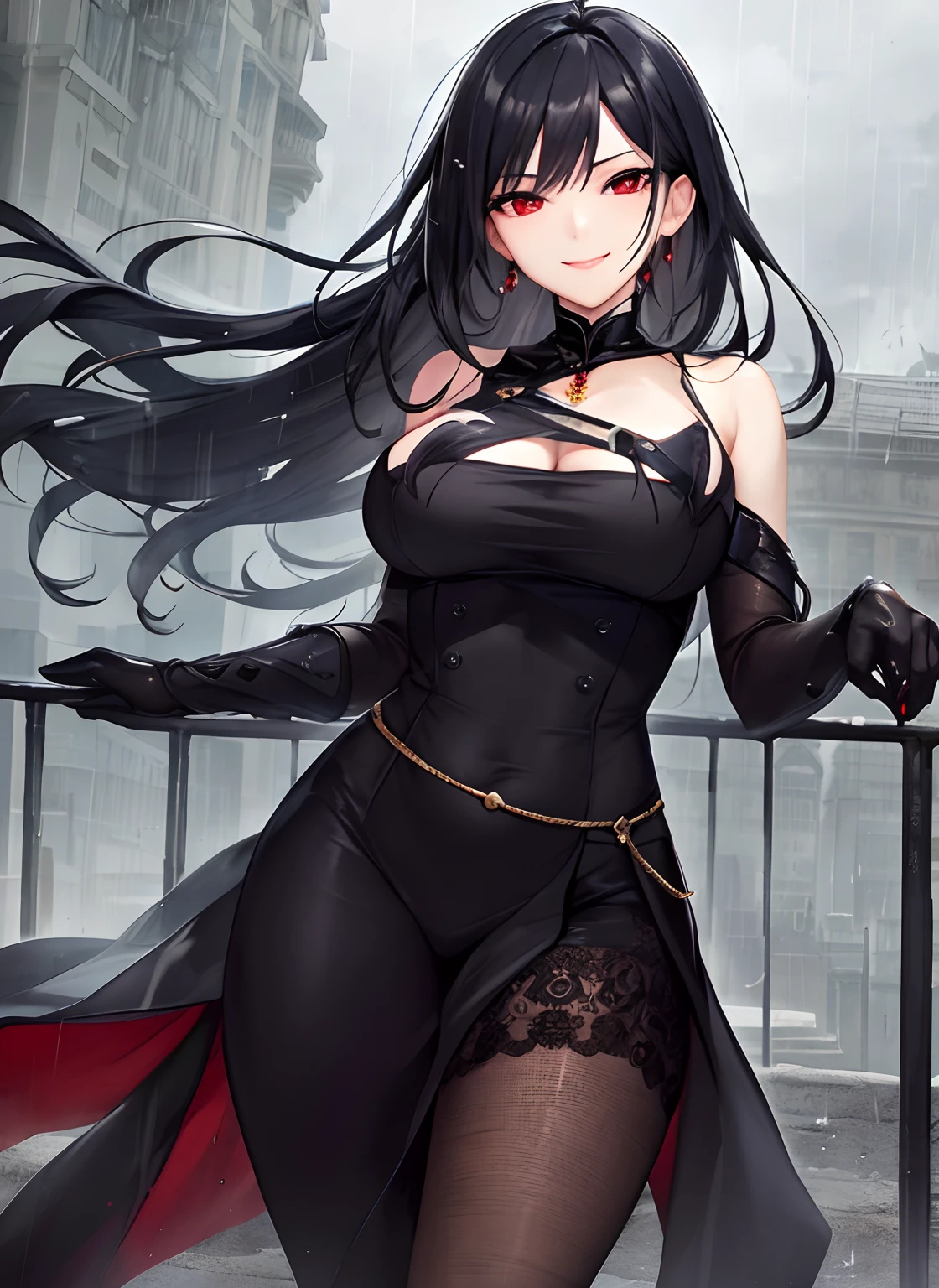 superfine illustration, very detailed beautiful face and eyes, Dynamic Angle, Heavy rain, Raise one leg, Steel Bridge, Naughty smile, French twist, Red eyes