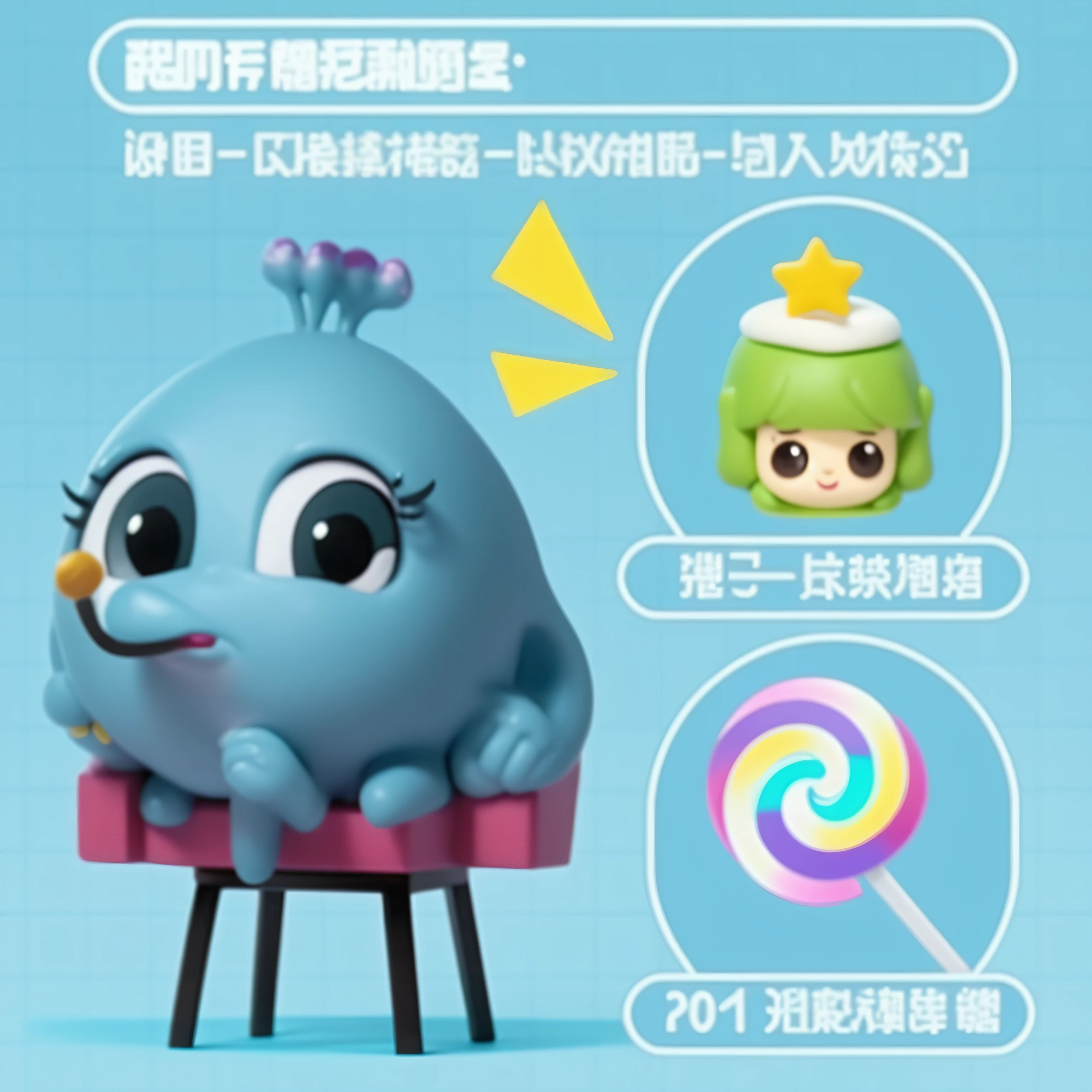 A cartoon character with sitting on a stool with a lollipop, Cute cartoon character, kenny wong x pop mart, vinyl toy figurine, biopunk toys made in china, toonix character, author:tooth wu, spoon pear slim loli figure, candypunk character design, author:Yan Hui, cute monster character design, an animated character, commercial photo of toys, cute character, Wanda