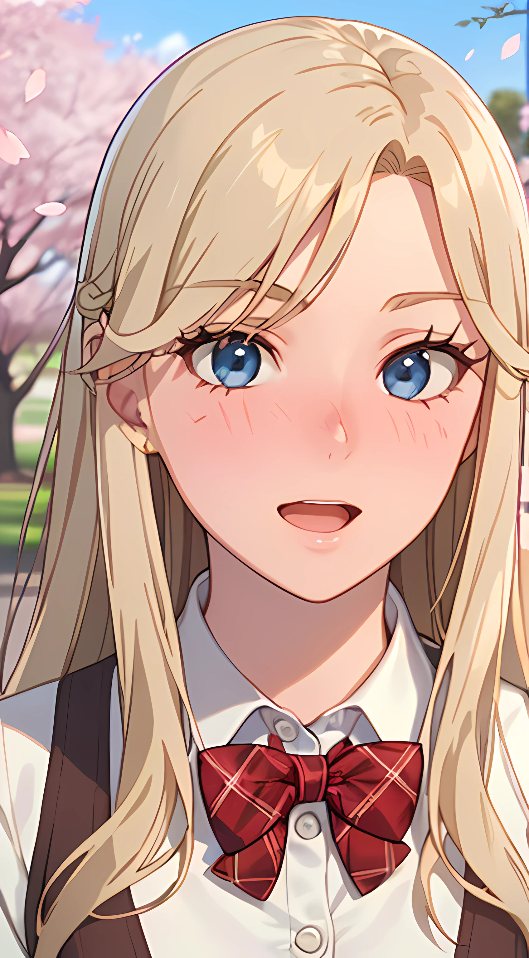 ((masterpiece, best quality, highres, UHD, perfect pixel, depth of field, 4k, RTX, HDR))), 1girl, single, solo, beautiful anime girl, beautiful artstyle, anime character, ((long hair, parted bangs, blonde hair)), ((blue eyes:1.4, rounded eyes, realistic eyes)), ((eyelashes, ultra-detailed eyelashes, smooth eyelashes)), ((detailed face, blushing:1.2)), ((smooth texture:0.75, realistic texture:0.65, photorealistic:1.1, anime CG style)), medium breasts, dynamic angle, perfect body, ((POV, dynamic pose, portrait)), ((red bowtie, school uniform, white shirt, brown cardigan, long sleeve, black skirt, plaid skirt)), smile, open mouth, amusement park, ((cherry blossom tree, cherry blossoms fall)), natural light, bright sky, sunshine