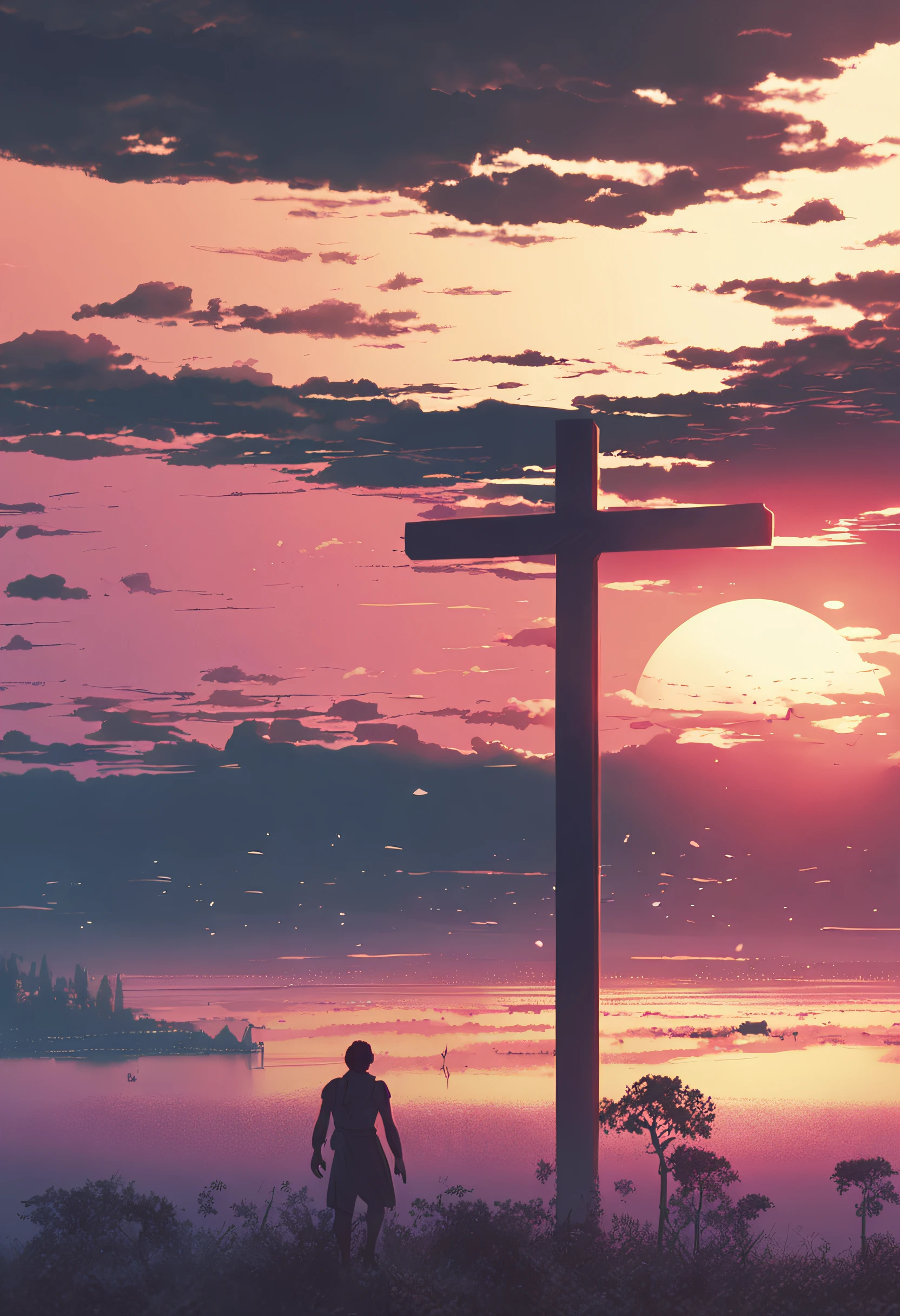 Jesus in the cross, by makoto shinkai and ghibli studio, outlined silhouettes, dramatic lighting, highly detailed, incredible quality, trending on artstation, masterpiece, 8k
