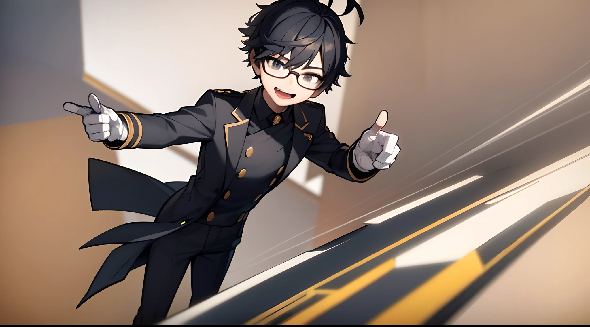 ((masterpiece, best quality)), (1boy), (solo), (male focus), (ahoge, black hair, short hair), (3d cinema glasses)) black eyes, slight smile, open mouth, ( (white coat), (buttoned coat) ), (button opening)), ((black pants), (long pants)), standing, white background, arms giving a thumbs up, dynamic angle