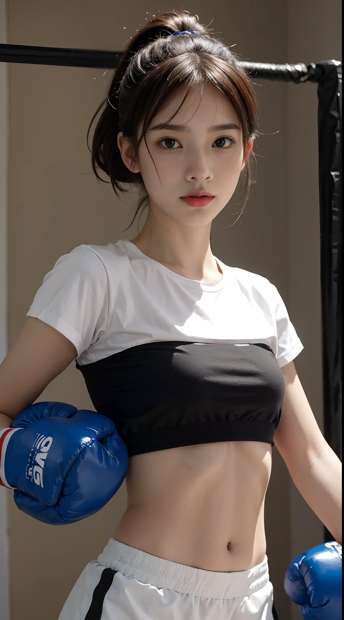 Masterpiece, top quality, (realistic, realistic: 1.4), (RAW photo: 1.2), very delicate CG Unity 8K wallpaper, very delicate beautiful, wonderful, boxing pose, attention to detail, official art, ridiculous, incredibly ridiculous, huge file size, very fine, very delicate, beautiful eyes and face, beautiful delicate eyes, light on face, a girl,(short ponytail:1.2), (pompom) navel, upper body, PE uniform short sleeve crop top button t-shirt, boxing gloves, bare arms, Bangs, Boxing Gym, Boxing Ring, ULZZANG-6500-v1.1,Small head, small face, slim, thin, shoulder length black straight short hair, small chest, flat chest, serious, powerful, cold, strong muscles