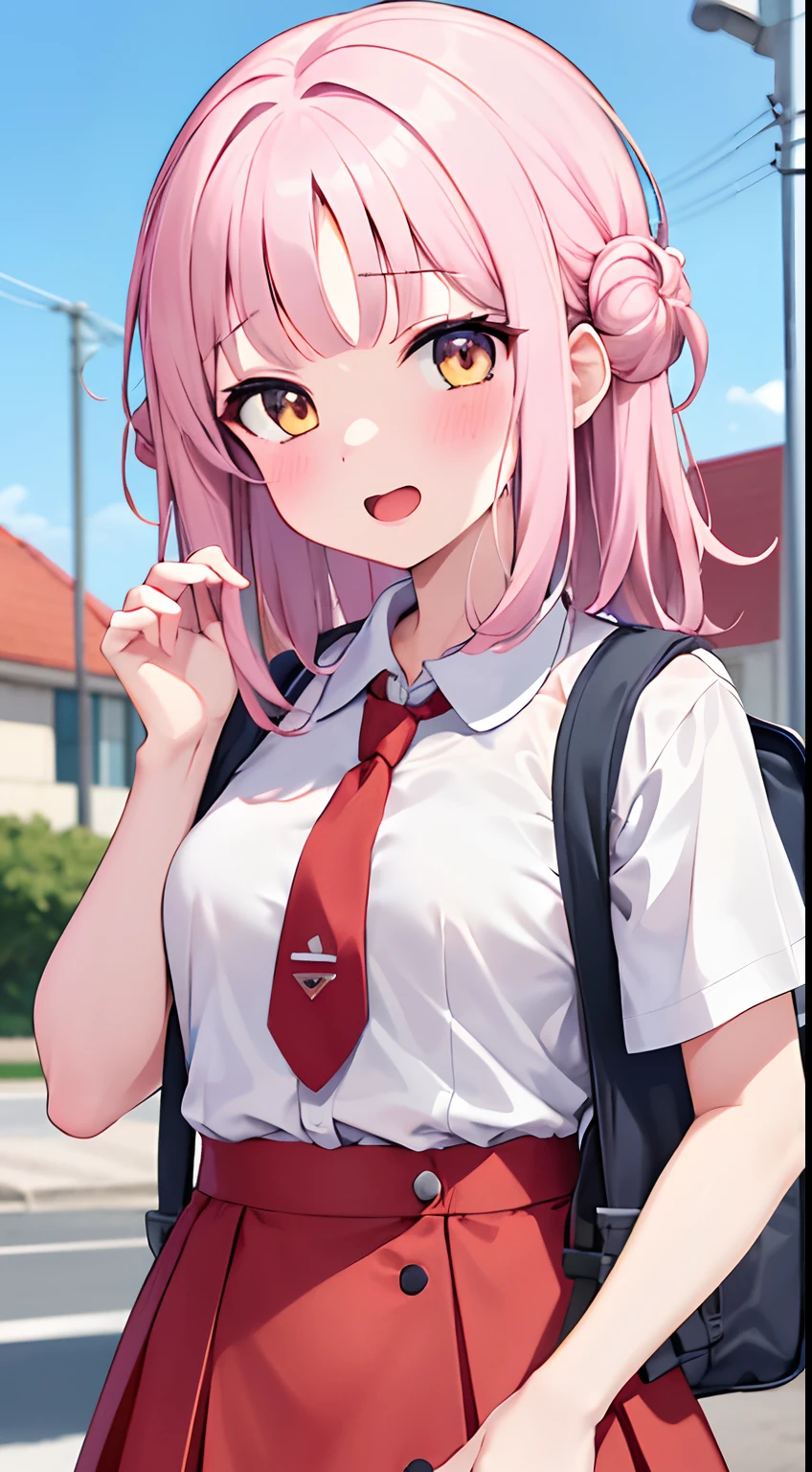 1girl, straight-on, upper body, solo, open mouth, white shirt, tight shirt, red skirt, red necktie, holding backpack, red cheeks, school, 7 girl, (iwanagadress:1.2), (iwanagakotoko:0.9), lineart, outdoor,