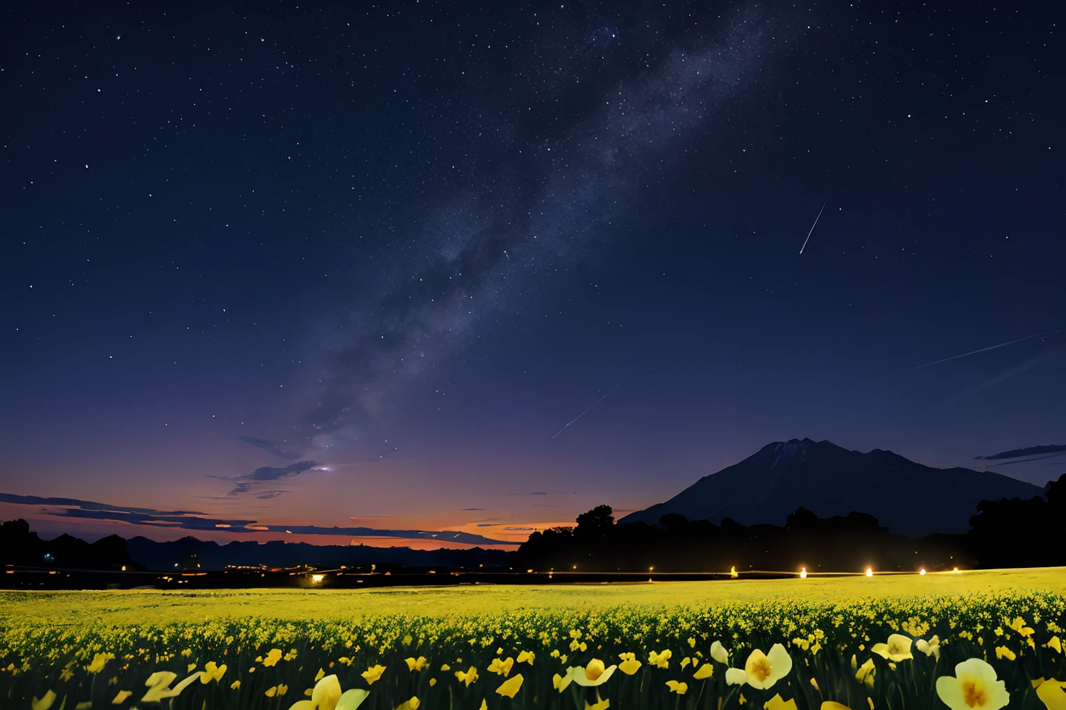Ipponsugi on the hill、Pitch Black Night Sky、Star-filled sky、Evening primrose in the foreground、Pod Light、nighttime scene