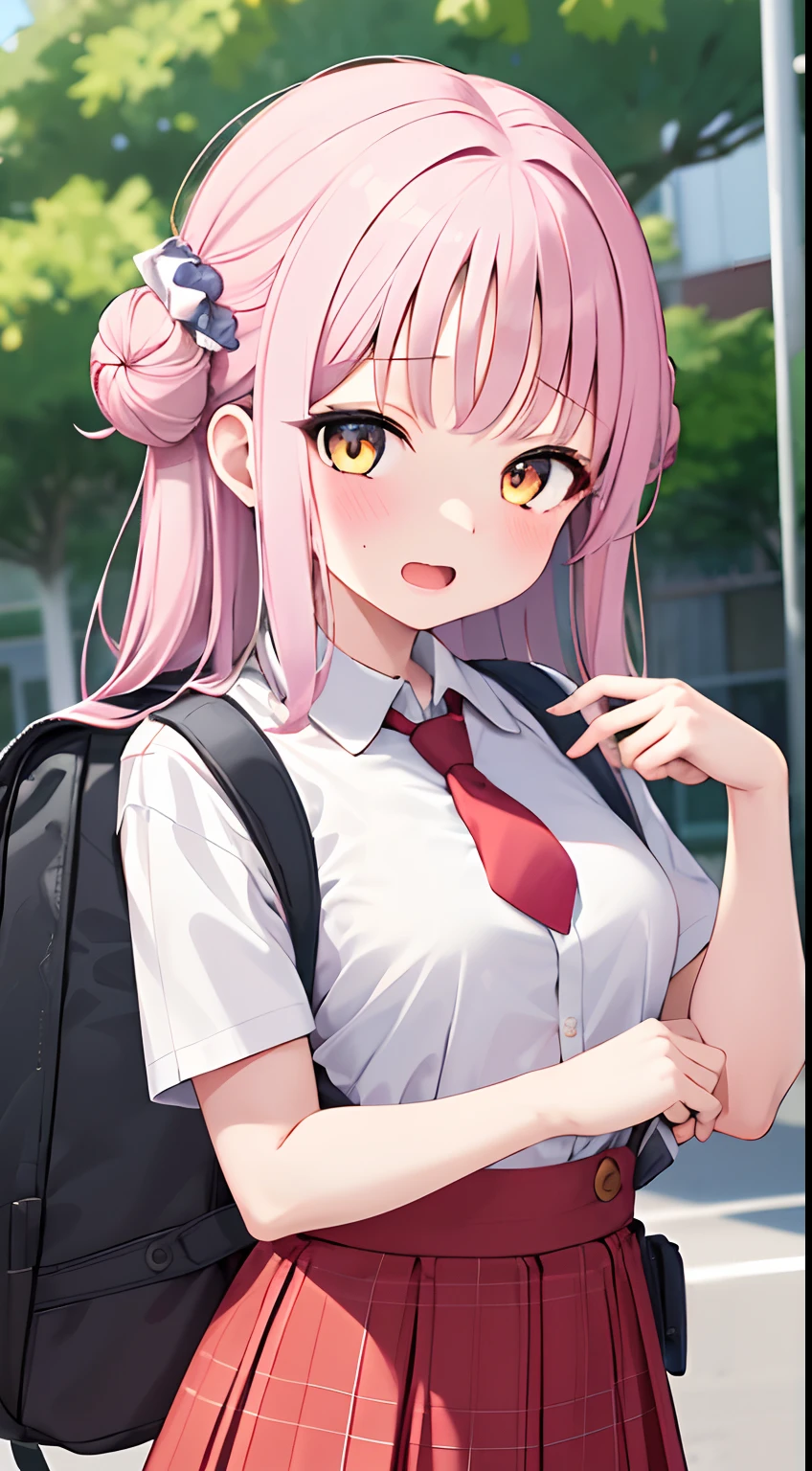 masterpiece, best quality, highres,  gold hair, ponytail, long hair, earrings, collarbone, necklace, pink sweater, long sleeves, white gloves, pleated skirt, white skirt, black pantyhose, standing, cowboy shot, outdoors, park, wearing red backpack, (backpack:1.2)ハイヒール