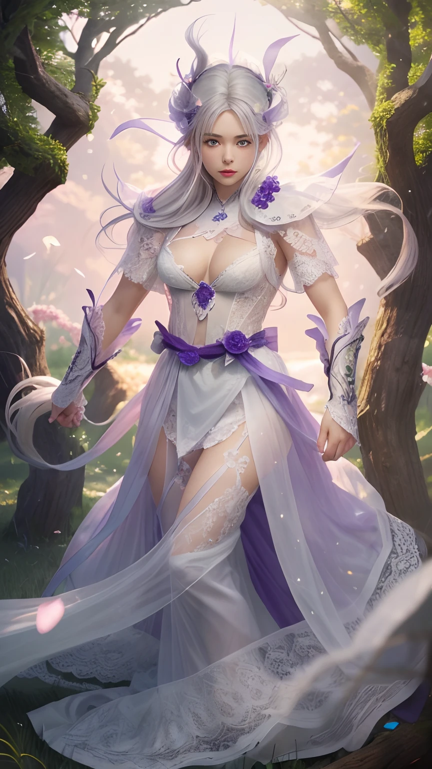 Masterpiece, Best quality, 1girll, Silver hair, Purple eyes, Long hair,one-girl,grassy,The tree,tree branch,(realistic detail,Natural skin texture),Complicated details,The is very detailed,Ultra photo realsisim,shiny skins,shinny hair,looking at viewert,redish pink lips,Enlargement of the middle breast,8K分辨率,Clear white lace lingerie,Clear white lace panties,In the lily garden,There is a ditch,Facing the audience