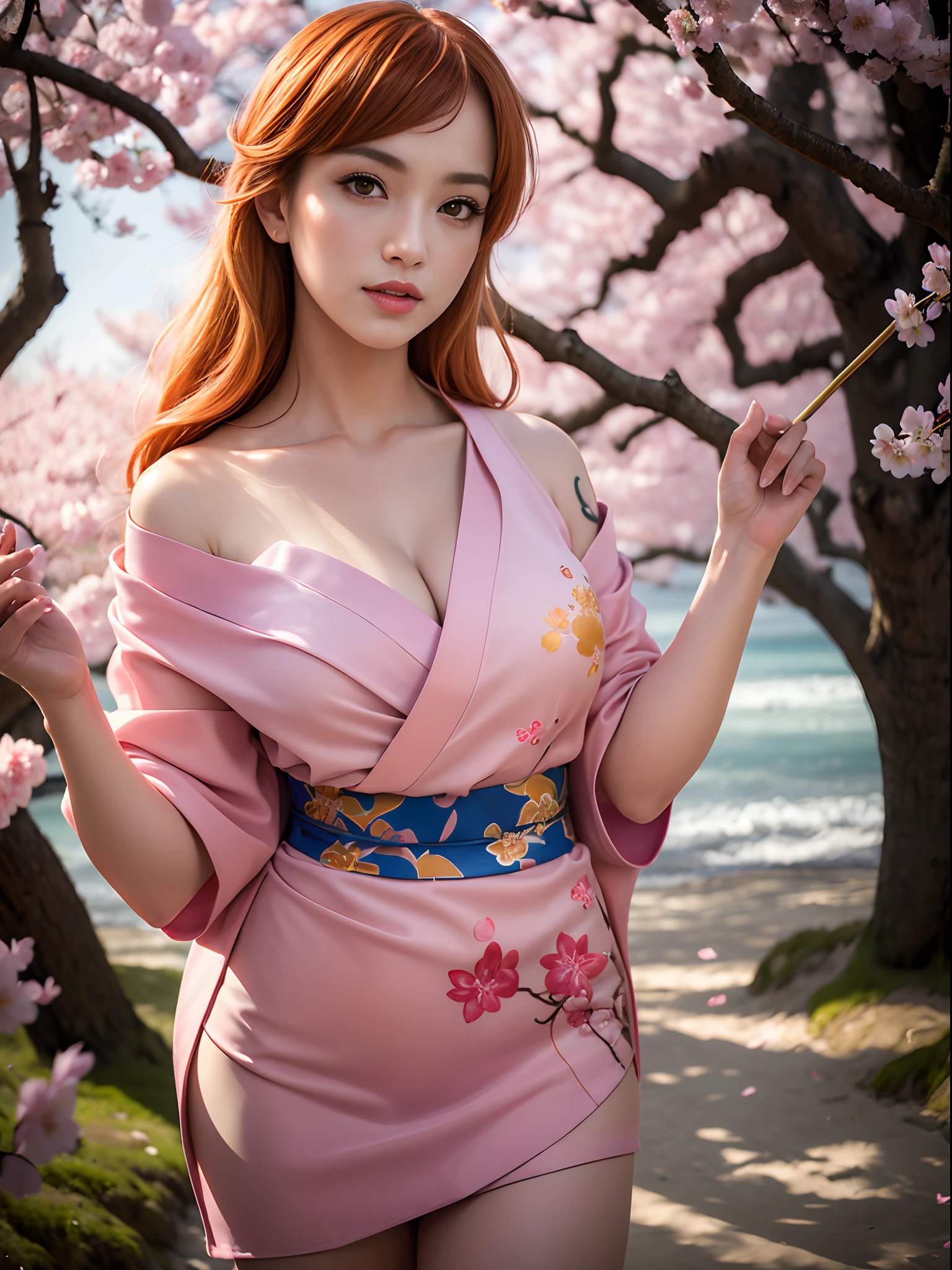 masterpiece、(Photorealsitic:1.5)、top-quality、beautiful lighting、real life、
Nami \(onepiece\),
1girl in, architecture, cherry trees, East Asian Architecture, petals falling, golds, komono, kimono, Log Pose, length hair, look at viewr, Opening Mouth, orange color hair, flower petals, Tattoos on the shoulders, 独奏, tattooed, tusk, upper teeth only
, Convoluted, High Detail, foco nítido, Dramatic, beautiful Girl , (RAW Photography, 8k UHD, film grains), Caustics, sub-surface Scattering, Reflectors、high-level image quality、 hight resolution、16k