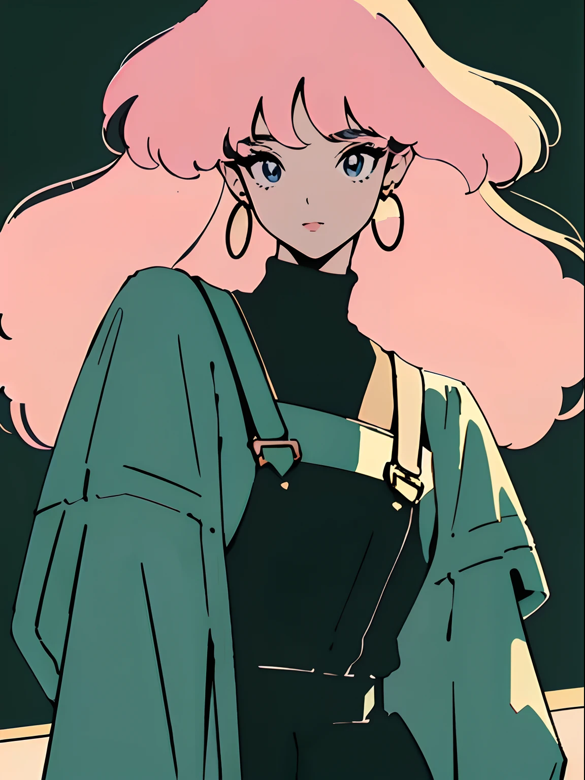 Fluffy hair, bangs, oversized jacket, bright pink overall jumpsuit, big earrings, vintage anime style, 90s aesthetic, 2000s millennium technology, vintage sci-fi, cute masterpiece, high-res, ultra-detailed, realistic lighting, vivid colors, bokeh.